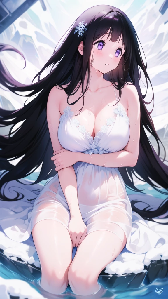 Chitanda，只有一个beautiful girl，Purple Eyes, Black Hair, Natural straight hair, Straight bangs，Extremely refined，open your lips，Face is so red，Very white skin，Skin as delicate as porcelain，Glowing skin，big eyes，Flowing long hair，beautiful girl, Like a dream，Slim，Slim waist，Soft, (Sensual), (Kawaii), Dream quality，Sweaty and sweaty，Wet skin，Side breasts，snowflake，Playing in the snow on the snow mountain，Looking up，Looking up，Falling to the ground，Thighs clamp hands，It's covered in water，Hands reach into your pants，White transparent dress，Profile，（Completely naked），Gluteal groove，The outline of the breasts is visible through clothing，Completely naked的背部，nacked hip，very close，Deep V neckline，Loose neckline，Beautiful big breasts，No pants，nopan，no pants，Bare shoulders，There are no shoulder straps，Exposed collarbone，Delicate clavicle，Delicate hands and feet，Bare neck，There are no clothes around the neck，Bare thighs，Exposed groin，Camel toe，extremely shy，Ultra-high resolution, (masterpiece:1.2, best quality), (Delicate and beautiful eyes: 1.2), (Beautiful and delicate face)