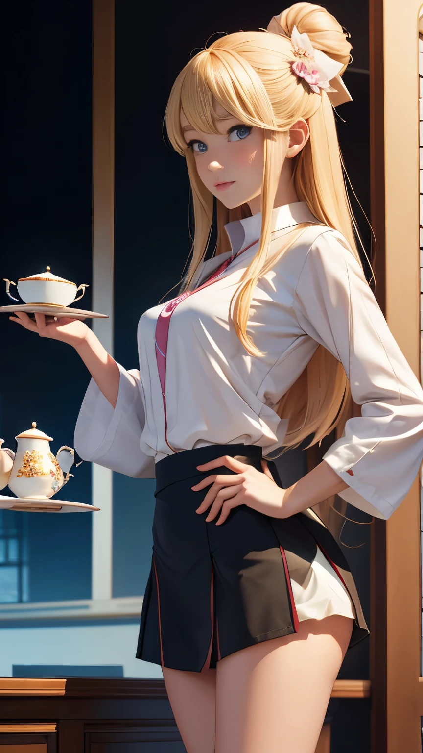 Stanislav Holý, Charlotte Dematons, Sijtje Aafjes, Ryo Ikuemi, Natsumi Itsuki, Yuki Kodama, Surrealism, wonder, strange, fantastical, fantasy, Sci-fi, Japanese anime, Summer of Yumekui and Alice, the beautiful blonde miniskirt girl, perfect voluminous body, Moebius tea party, invitation delivery, detailed masterpiece Hyper realistic sharp focus embarrassing shy blushing real
