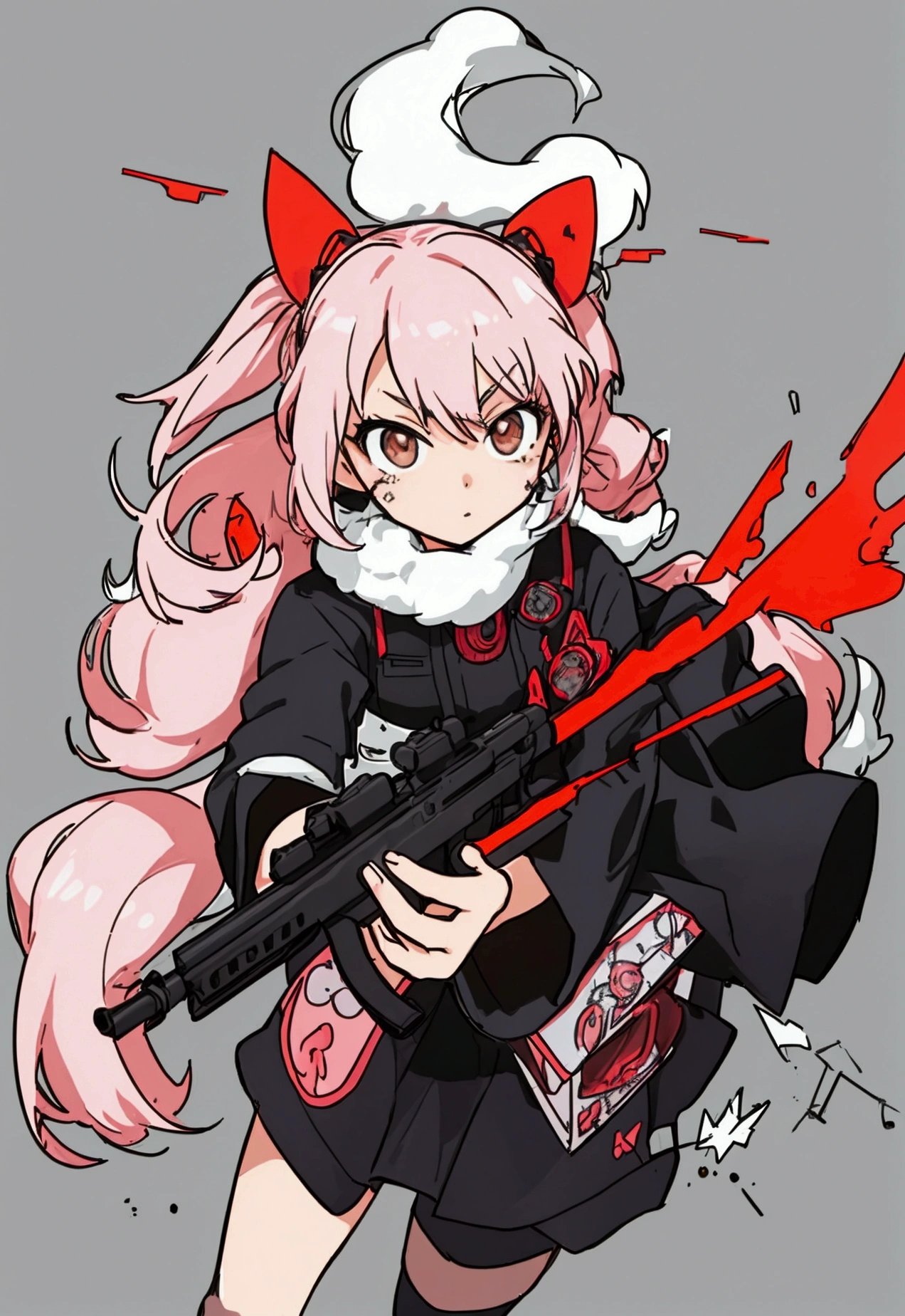 A woman holding a gun and pointing it at the camera, with pistol, anime shot, anime machine gun fire, with a gun, female action anime girl, gapmoe yandere, shooting pose, holding gun, holding a pistol, trigger anime artstyle, holding a gun, dramatic wielding gun pose, brandishing a gun, vector style, chibi