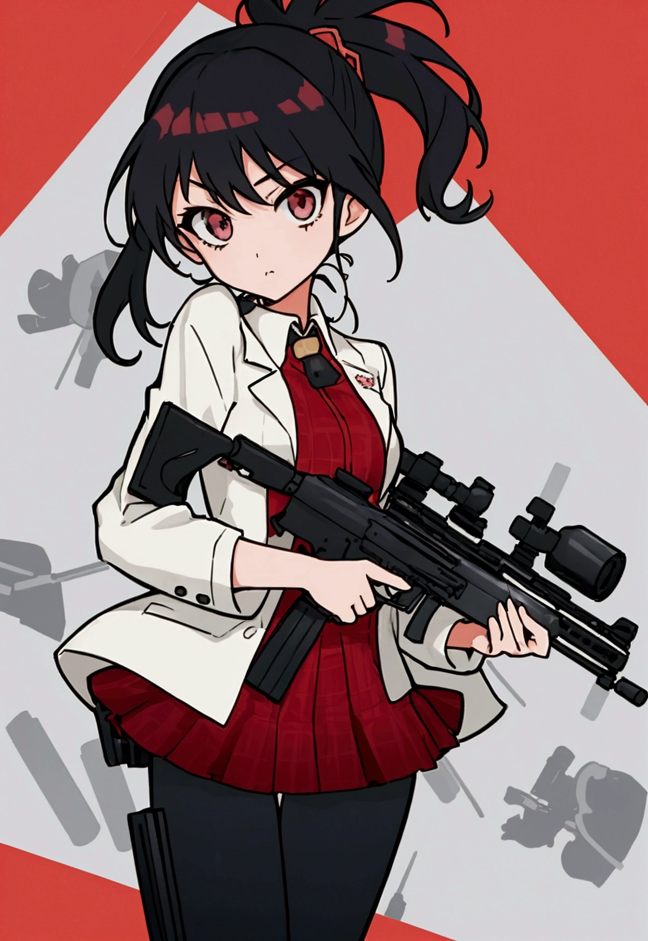 A woman holding a gun and pointing it at the camera, with pistol, anime shot, anime machine gun fire, with a gun, female action anime girl, gapmoe yandere, shooting pose, holding gun, holding a pistol, trigger anime artstyle, holding a gun, dramatic wielding gun pose, brandishing a gun, vector style, chibi