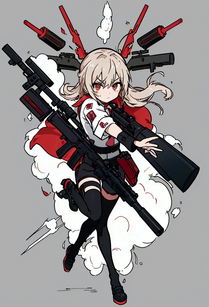 A woman holding a gun and pointing it at the camera, with pistol, anime shot, anime machine gun fire, with a gun, female action anime girl, gapmoe yandere, shooting pose, holding gun, holding a pistol, trigger anime artstyle, holding a gun, dramatic wielding gun pose, brandishing a gun, vector style, chibi