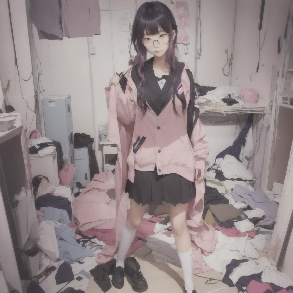 anime girl in a Messy room with a pink jacket and black skirt, Anime Moe Art Style, Cute girl anime visuals, Messy room, Dirty clothes, Anime Style 4k, Best anime 4k konachan wallpaper, Half Yamada, Yandere, destroyed clothes, Torn clothes, Burning, Anime Art Wallpapers 8K, Anime background key visual she is a japanese woman she is 17 years old. she is very skinny. Her shoulders are very narrow. she is naked. her breasts are small. She is 170 cm tall. She weighs 35kg. She has a transparent pink cunt exposed. She draws the female genitalia clearly.Her outline is thin and she doesn't use black, A sweet look in love. Her cheeks are dyed red. Japanese painting. pale watercolor. Do not draw outlines.The uterus and vagina are visible through the skin. The skin is transparent and the organs are visible.Very thin, small breasts, thin legs Pink straight hair, brown eyes, A short skirt with a checkered pattern, a tie of the same color as the skirt, and a navy blue blazer.Female genitalia exposed. with an anarchic color scheme.A Japanese high school girl is coming home from school and changing her clothes, exposing her skin.She is wearing a navy blazer, a plaid/checkered skirt, black knee-high socks, and has long pink hair, wearing glasses.The genitals are exposed and conspicuous.I'm changing clothes in my room and I'm naked. She doesn't even wear underwear.Do not draw outlines. A pale watercolor painting. Color saturation is low.