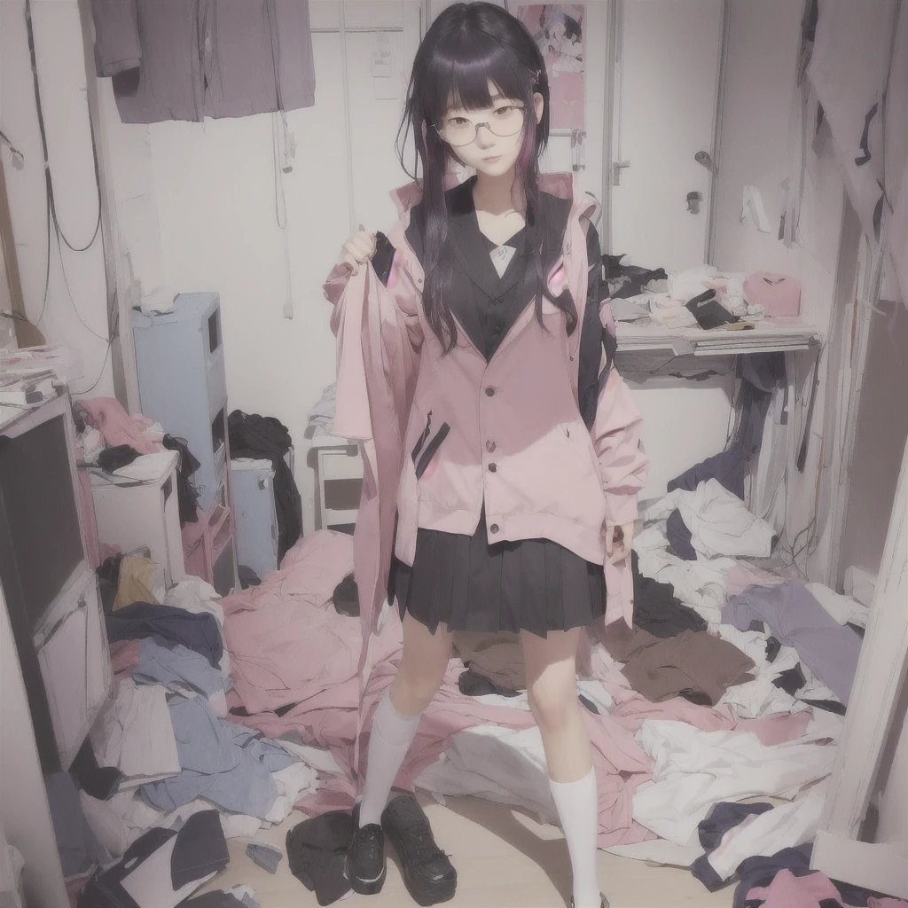 anime girl in a Messy room with a pink jacket and black skirt, Anime Moe Art Style, Cute girl anime visuals, Messy room, Dirty clothes, Anime Style 4k, Best anime 4k konachan wallpaper, Half Yamada, Yandere, destroyed clothes, Torn clothes, Burning, Anime Art Wallpapers 8K, Anime background key visual she is a japanese woman she is 17 years old. she is very skinny. Her shoulders are very narrow. she is naked. her breasts are small. She is 170 cm tall. She weighs 35kg. She has a transparent pink cunt exposed. She draws the female genitalia clearly.Her outline is thin and she doesn't use black, A sweet look in love. Her cheeks are dyed red. Japanese painting. pale watercolor. Do not draw outlines.The uterus and vagina are visible through the skin. The skin is transparent and the organs are visible.Very thin, small breasts, thin legs Pink straight hair, brown eyes, A short skirt with a checkered pattern, a tie of the same color as the skirt, and a navy blue blazer.Female genitalia exposed.  with an anarchic color scheme.A Japanese high school girl is coming home from school and changing her clothes, exposing her skin.She is wearing a navy blazer, a plaid/checkered skirt, black knee-high socks, and has long pink hair, wearing glasses.The genitals are exposed and conspicuous.I'm changing clothes in my room and I'm naked. She doesn't even wear underwear.Do not draw outlines. A pale watercolor painting. Color saturation is low.