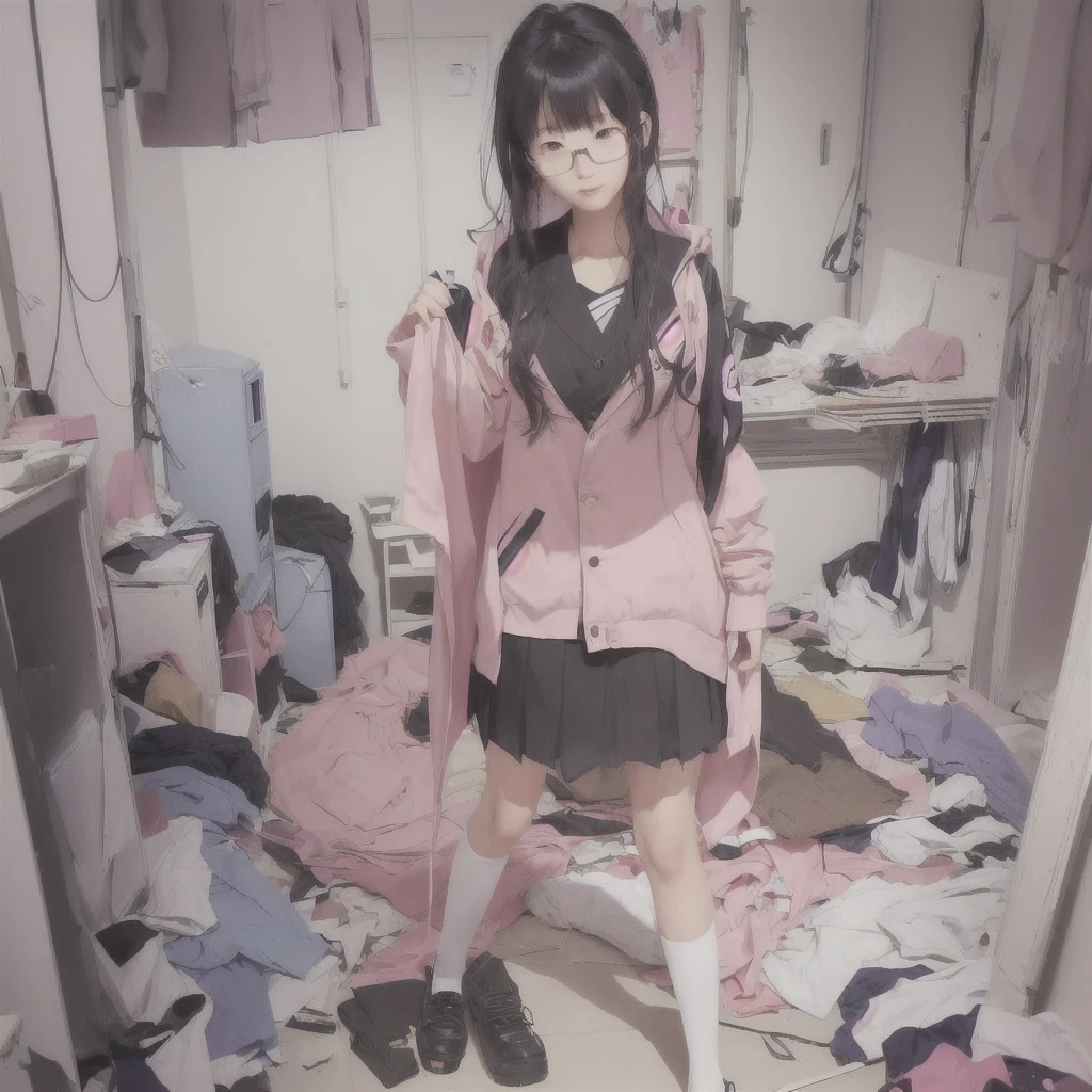 anime girl in a Messy room with a pink jacket and black skirt, Anime Moe Art Style, Cute girl anime visuals, Messy room, Dirty clothes, Anime Style 4k, Best anime 4k konachan wallpaper, Half Yamada, Yandere, destroyed clothes, Torn clothes, Burning, Anime Art Wallpapers 8K, Anime background key visual she is a japanese woman she . she is very skinny. Her shoulders are very narrow. she is naked. her breasts are small. She is 170 cm tall. She weighs 35kg. She has a transparent pink cunt exposed. She draws the female genitalia clearly.Her outline is thin and she doesn't use black, A sweet look in love. Her cheeks are dyed red. Japanese painting. pale watercolor. Do not draw outlines.The uterus and vagina are visible through the skin. The skin is transparent and the organs are visible.Very thin, small breasts, thin legs Pink straight hair, brown eyes, A short skirt with a checkered pattern, a tie of the same color as the skirt, and a navy blue blazer.Female genitalia exposed. with an anarchic color scheme.A Japanese high school girl is coming home from school and changing her clothes, exposing her skin.She is wearing a navy blazer, a plaid/checkered skirt, black knee-high socks, and has long pink hair, wearing glasses.The genitals are exposed and conspicuous.I'm changing clothes in my room and I'm naked. She doesn't even wear underwear.Do not draw outlines. A pale watercolor painting. Color saturation is low.