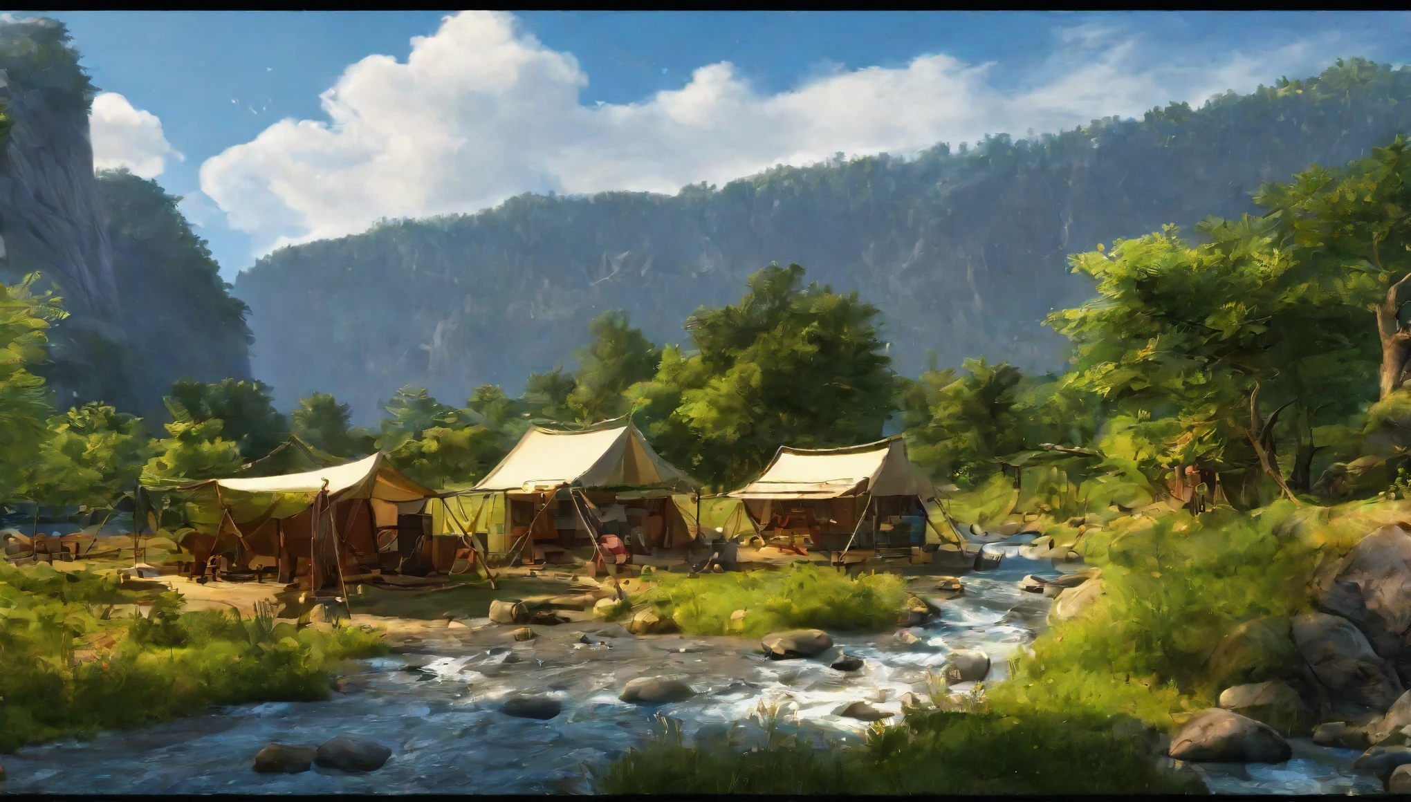 early summer,Daytime,camp site,River side,Rich in nature,Highest quality, 8k, High resolution, masterpiece:1.2, Very detailed, Realistic:1.37, High resolution, 超High resolution, Very detailed, Professional, Vibrant colors