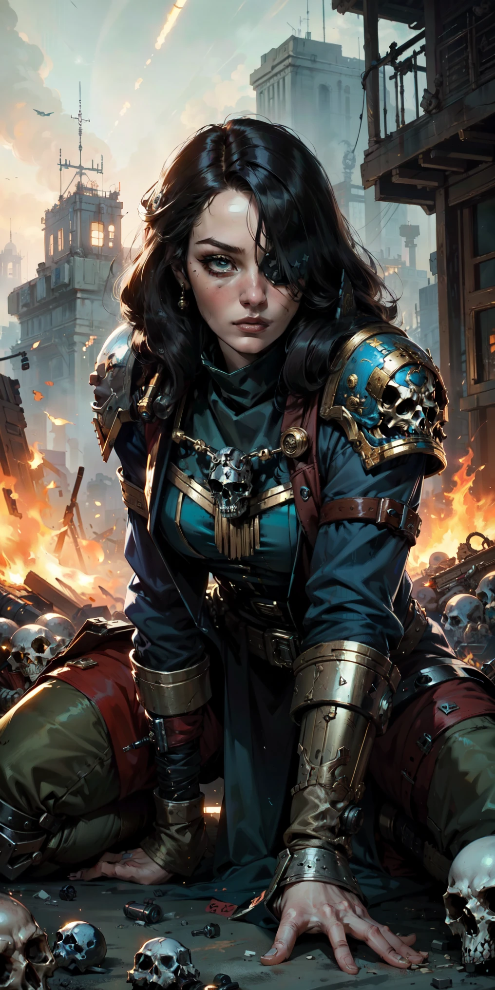 (masterpiece:1.2), (Best Quality:1.2), Perfect eyes, perfect face, perfect lighting, 1 girl, Sororitas mature whore with bolt pistol in hands, scar over one eye, eye patch, by white, skulls on the ground, Warhammer 40K, chaos, fire, Science fiction, Detailed battlefield background