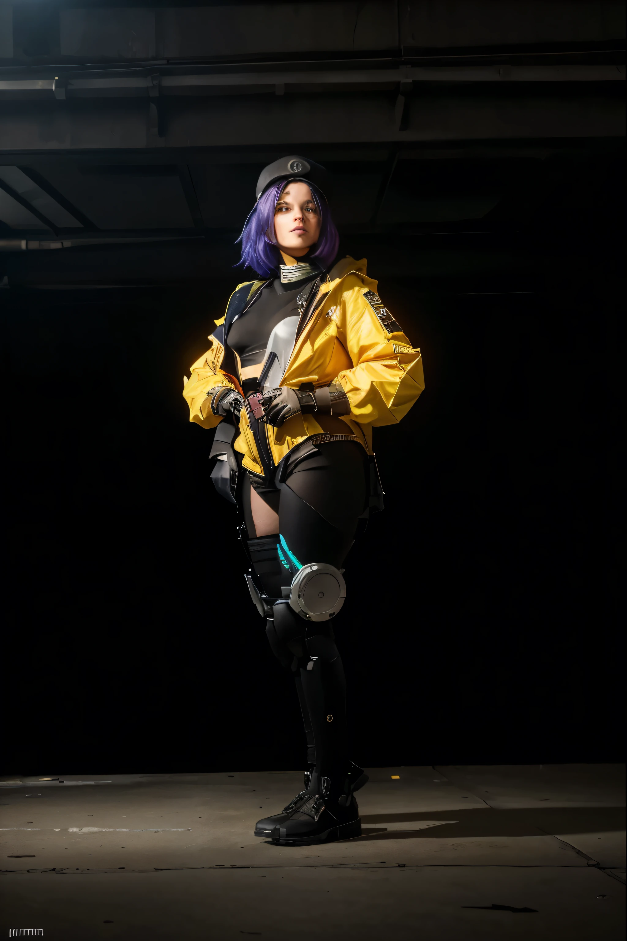 (Best quality, 8k, 32k, Masterpiece, UHD:1.2), "Transform the scene into a vibrant and high-tech environment, showcasing Killjoy from Valorant alongside her Turret Mech. Picture a futuristic cityscape with towering skyscrapers adorned with neon lights and holographic billboards. The streets below are bustling with advanced technology, sleek vehicles, and intricate infrastructure.

In the foreground, Killjoy stands confidently, her distinctive yellow jacket and cap highlighting her vibrant personality. She has her turret mech deployed beside her, a sleek, compact machine with a metallic finish, ready to assist in any combat scenario. The turret mech emits a soft blue glow, indicating its active status.

The background features a mix of high-tech elements: digital advertisements flicker on large screens, drones zip through the air, and the city skyline is dotted with futuristic architecture. The scene is illuminated by neon signs and ambient lights, casting a dynamic array of colors and shadows.

The overall setting should capture the essence of a cutting-edge, futuristic world, emphasizing Killjoy's technological prowess and the advanced nature of her turret mech. The atmosphere is one of readiness and innovation, perfectly aligning with Killjoy's character and the high-energy environment of Valorant."