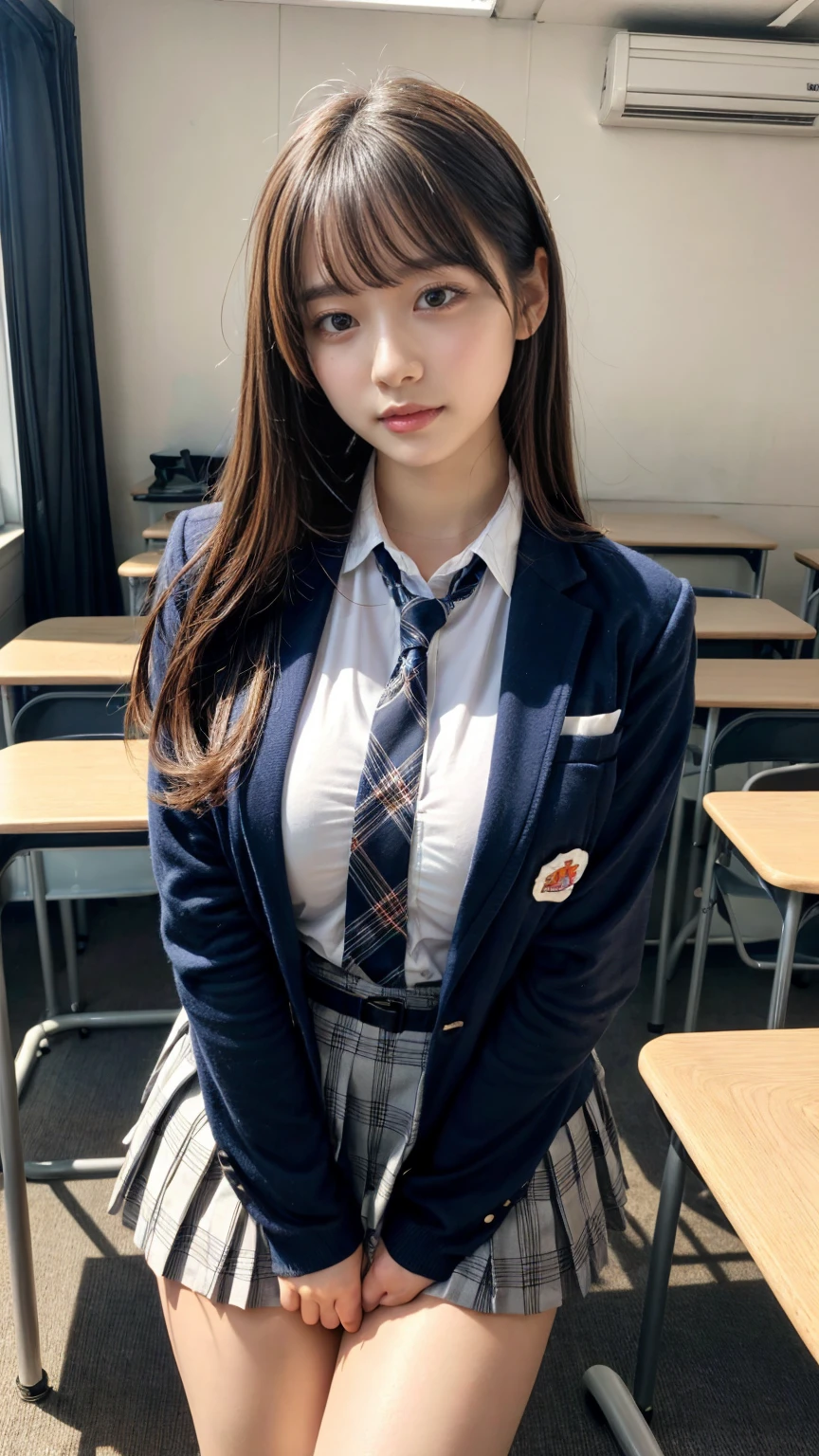 masterpiece, best quality, illustration, Super detailed, fine details, High resolution, 8K,wall paper, perfect dynamic composition,(Details High quality, realistic depiction of eyes:1.3), from side, High School Classroom、High school girl uniform、blazer 、Super Short Check Uniform Skirt、Navy blue high socks、garterbelts、Colossal tits、Disturbed uniform, long hair, black hair color, large breasts, Big Natural Color Lip, bold sexy pose, (perfect body shape), crying a little、Harajuku style、20 year old girl、cute type, beautiful legs, hposing Gravure Idol, Voluptuous thighs