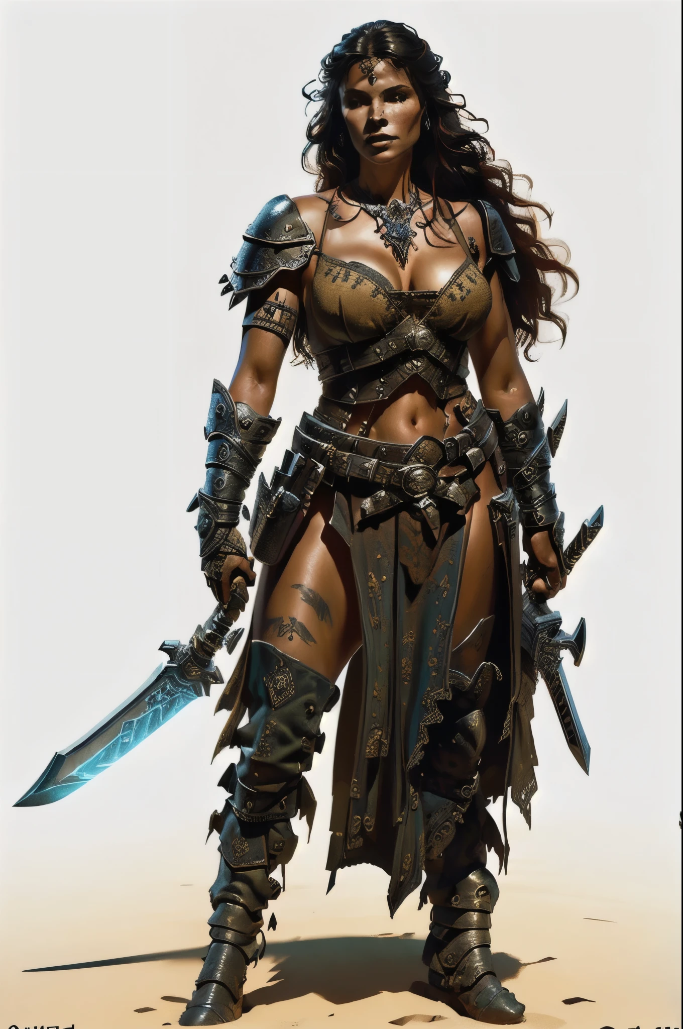 a woman with a sword and a skull, rpg character art, rpg portrait full body, d & d style full body portrait, fantasy d&d character, north adult female warrior, from pathfinder, intricate details, highly detailed, 8k, hyperrealistic, cinematic lighting, dramatic lighting, moody atmosphere, warm colors, vibrant colors, cinematic composition, heroic pose, powerful expression, deadly elegance, masterpiece