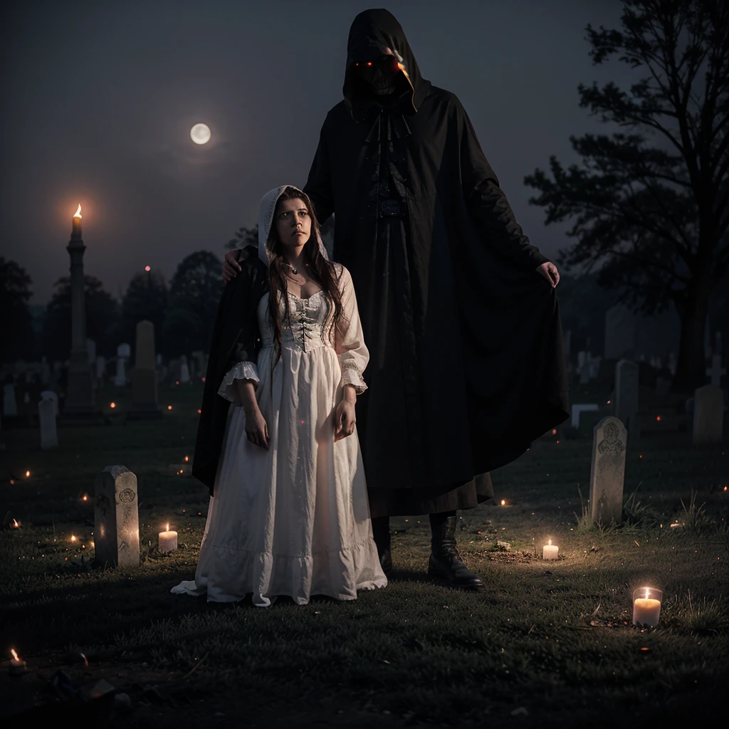 Reaper and a  Vampire Woman in a white old Dress on a cemetery. Is Night. Red Candles are shining. It's creepy and dark. The Moon shining purple. Fog is gray. 