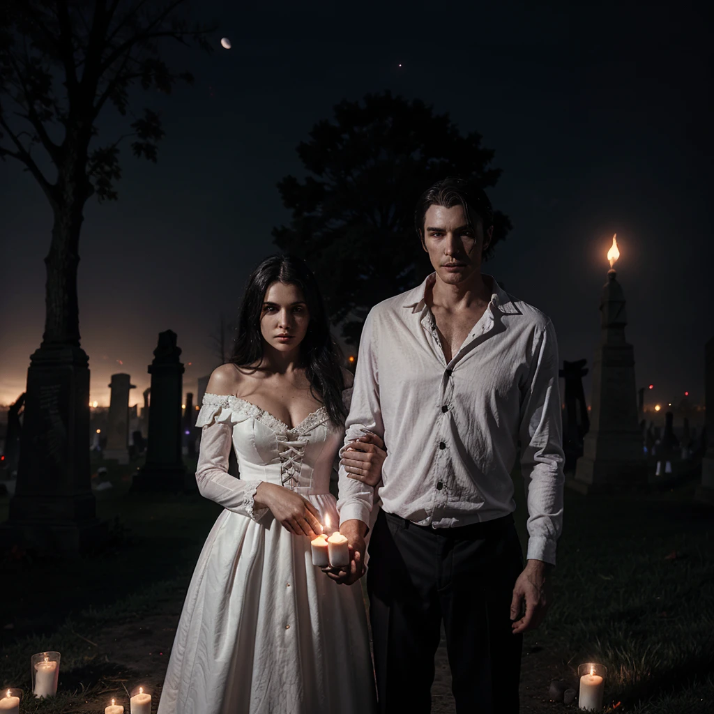 Reaper and a  Vampire Woman in a white old Dress on a cemetery. Is Night. Red Candles are shining. It's creepy and dark. The Moon shining purple. Fog is gray. 