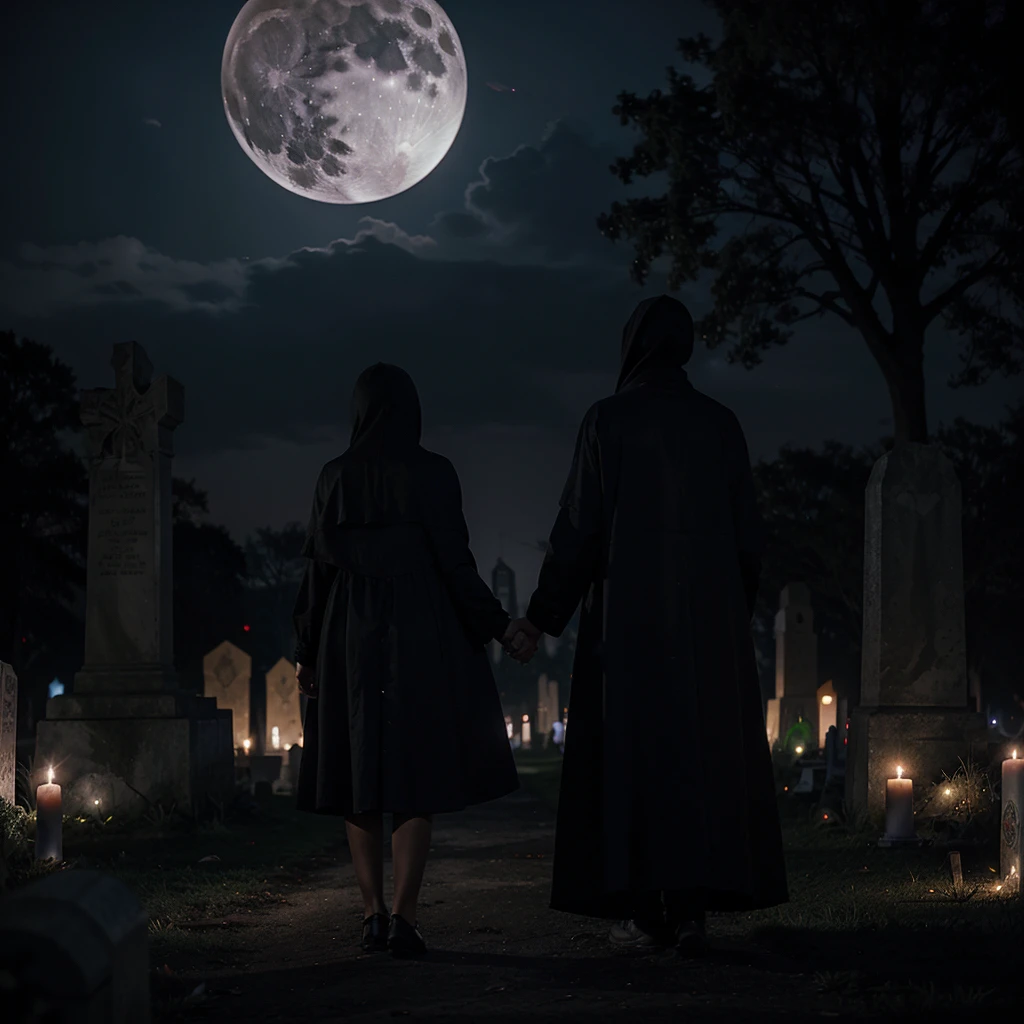 Reaper and a  Vampire Woman in a white old Dress on a cemetery. Is Night. Red Candles are shining. It's creepy and dark. The Moon shining purple. Fog is gray. 