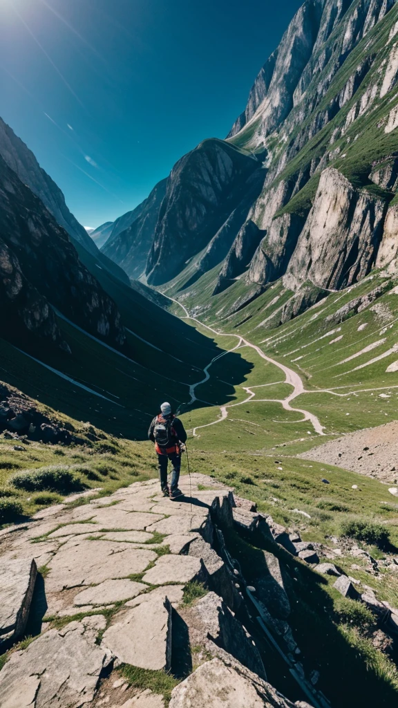 imagine a man climbing a mountain give me a drone shot from top