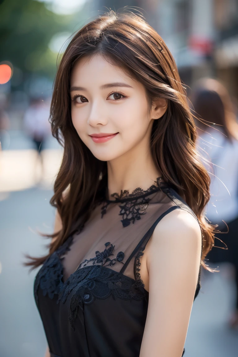 ((best quality, 8k, masterpiece :1.3)), 1 girl, smiling, whole body, face slimming, pretty Woman, (Dark brown hair), full length dress :1.1, Super detailed faces, delicate eyes, double eyelids, blurred background, face slimming, City, external, street,