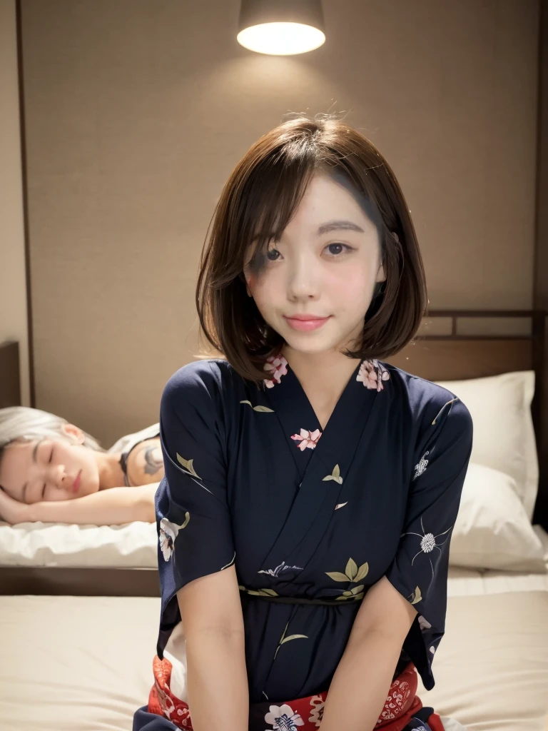 (Sleeping in bed:1.5)(Having bad dreams:1.5) ,masterpiece、Highest quality、High resolution、Tabletop、wallpaper、Realistic、Bright lighting、Professional Lighting、Face Light、Smooth lighting、Japanese women、Beautiful woman、、Modeled、gravure、Sexy、so beautiful、Beautiful Skin、Beautiful and exquisite、Detailed face、slim、Large Breasts、Cleavage 、short hair、Brunette Hair、Brown eyes、Japanese Kimono、Japanese Yukata、(close your eyes:1.5)、（Expression of unbearable pain:1.5)、The costume is white、Bra is visible,