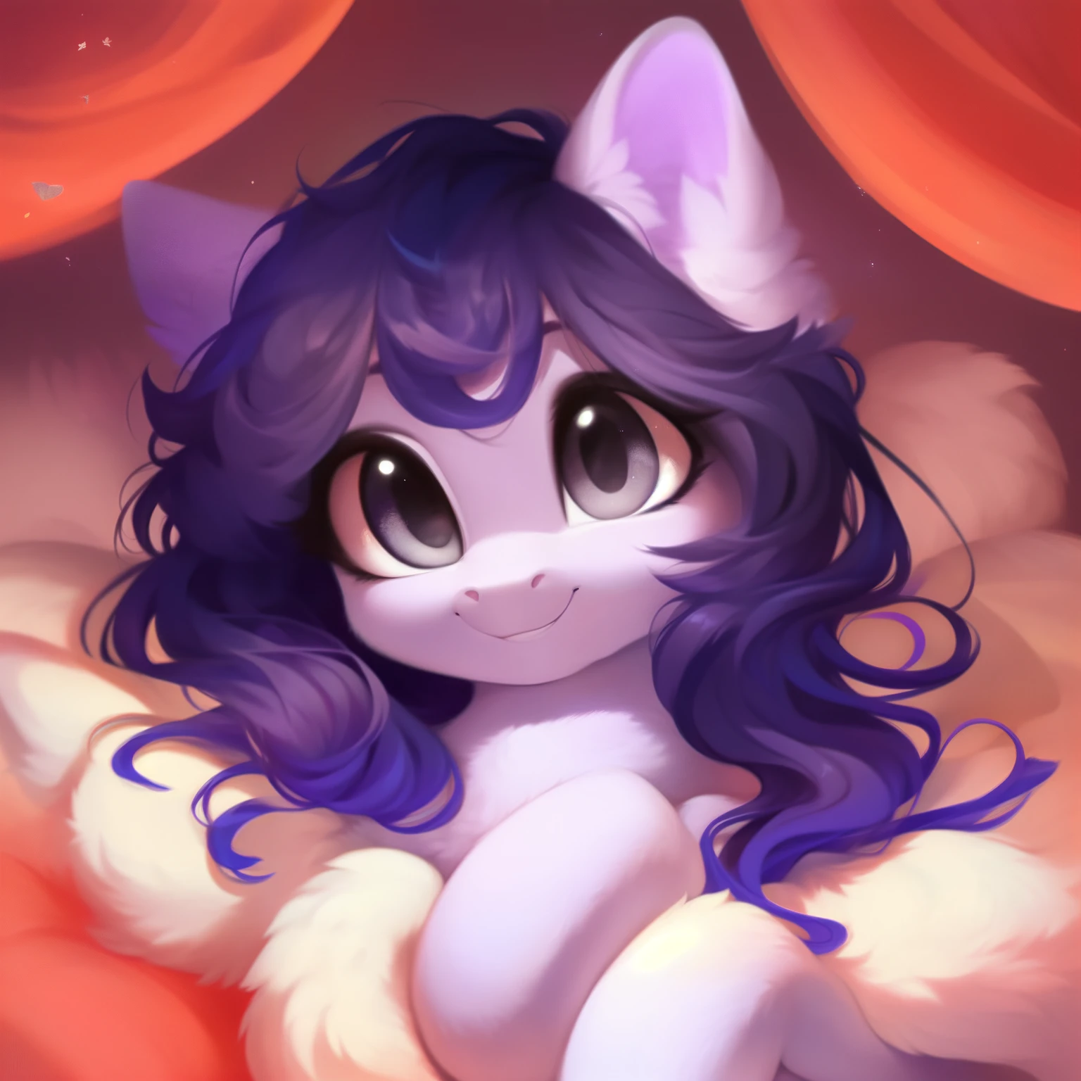 rating_safe, score_9, fluffy, feral pegasus pony, female,round cute face, Lavender purple body, black-purple mane, disheveled hair, soft and delicate long hair, clear grey eyes, grey eyes, smiling. dynamic。young and beautiful。Lying in bed