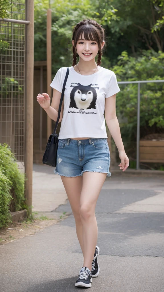 Best picture quality (8k, high resolution, Masterpiece: 1.2), super detailed, 215 Short Hair,Three braids long hair, 26-year-old woman,
Extraordinary beautiful girl、Cute and beautiful face details、(Facing the children_v1:0.008)、
situation: A stroll through the zoo where you can interact with animals。
clothing: Casual T-shirt and shorts。
landscape: You can see penguins and polar bears in their natural state。
,Active Pause ,
Beside her、The thunder danced。
Focus on the waist above
, random cute pose ,big eyes ,Puffy eyes , Heart Pupil, blush , huge shy smile , salute