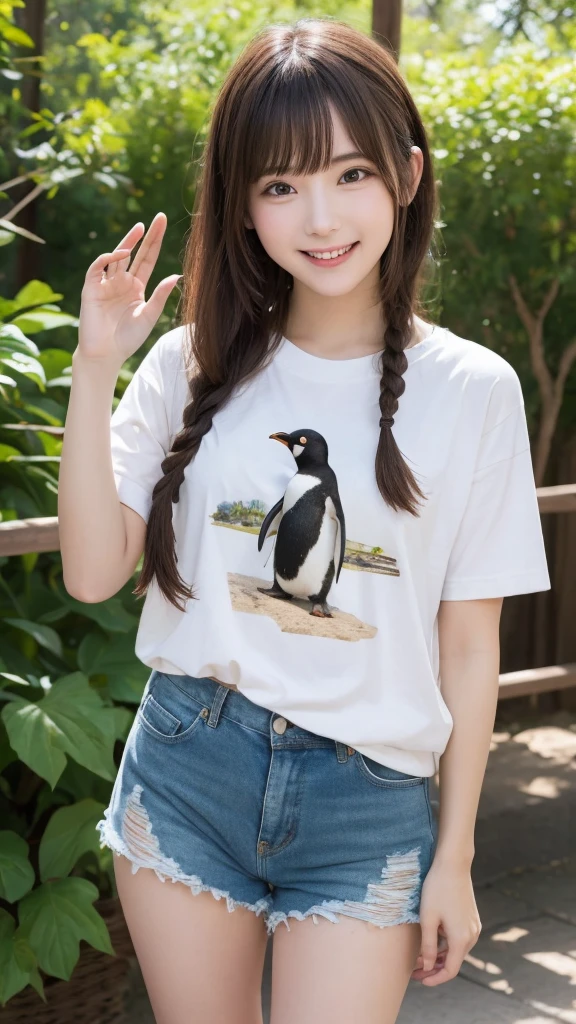 Best picture quality (8k, high resolution, Masterpiece: 1.2), super detailed,  215 Short Hair,Three braids long hair, 26-year-old woman, 

Extraordinary beautiful girl、Cute and beautiful face details、(Facing the children_v1:0.008)、
situation: A stroll through the zoo where you can interact with animals。
clothing: Casual T-shirt and shorts。
landscape: You can see penguins and polar bears in their natural state。



,Active Pause ,
Beside her、The thunder danced。
Focus on the waist above


, random cute pose ,big eyes ,Puffy eyes ,  Heart Pupil, blush  , huge shy smile , salute


