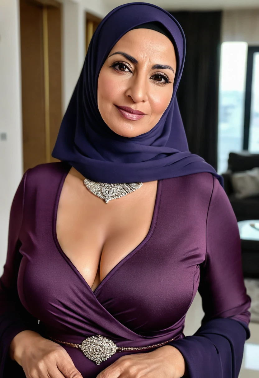 Fair and beautiful ,stunning ,curvy 45 year old mature Arab Muslim woman wearing a hijab and dark plum abaya frock tight form fitting showing deep cleavage big breas,ts low neckline in depth of field apartment interior background , medium close up shot , shot on iphone 13 , professional photo , no makeup