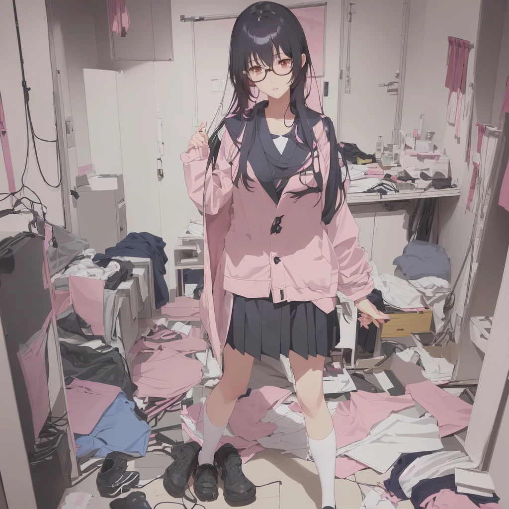 anime girl in a Messy room with a pink jacket and black skirt, Anime Moe Art Style, Cute girl anime visuals, Messy room, Dirty clothes, Anime Style 4k, Best anime 4k konachan wallpaper, Half Yamada, Yandere, destroyed clothes, Torn clothes, Burning, Anime Art Wallpapers 8K, Anime background key visual she is a japanese woman she is 17 years old. she is very skinny. Her shoulders are very narrow. she is naked. her breasts are small. She is 170 cm tall. She weighs 35kg. She has a transparent pink cunt exposed. She draws the female genitalia clearly.Her outline is thin and she doesn't use black, A sweet look in love. Her cheeks are dyed red. Japanese painting. pale watercolor. Do not draw outlines.The uterus and vagina are visible through the skin. The skin is transparent and the organs are visible.Very thin, small breasts, thin legs Pink straight hair, brown eyes, A short skirt with a checkered pattern, a tie of the same color as the skirt, and a navy blue blazer.Female genitalia exposed.  with an anarchic color scheme.A Japanese high school girl is coming home from school and changing her clothes, exposing her skin.She is wearing a navy blazer, a plaid/checkered skirt, black knee-high socks, and has long pink hair, wearing glasses.The genitals are exposed and conspicuous.I'm changing clothes in my room and I'm naked. She doesn't even wear underwear.Do not draw outlines. A pale watercolor painting. Color saturation is low.