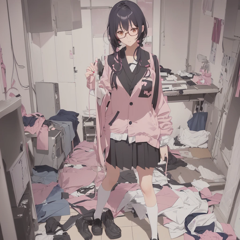 anime girl in a Messy room with a pink jacket and black skirt, Anime Moe Art Style, Cute girl anime visuals, Messy room, Dirty clothes, Anime Style 4k, Best anime 4k konachan wallpaper, Half Yamada, Yandere, destroyed clothes, Torn clothes, Burning, Anime Art Wallpapers 8K, Anime background key visual she is a japanese woman she is . she is very skinny. Her shoulders are very narrow. she is naked. her breasts are small. She is 170 cm tall. She weighs 35kg. She has a transparent pink cunt exposed. She draws the female genitalia clearly.Her outline is thin and she doesn't use black, A sweet look in love. Her cheeks are dyed red. Japanese painting. pale watercolor. Do not draw outlines.The uterus and vagina are visible through the skin. The skin is transparent and the organs are visible.Very thin, small breasts, thin legs Pink straight hair, brown eyes, A short skirt with a checkered pattern, a tie of the same color as the skirt, and a navy blue blazer.Female genitalia exposed. with an anarchic color scheme.A Japanese high school girl is coming home from school and changing her clothes, exposing her skin.She is wearing a navy blazer, a plaid/checkered skirt, black knee-high socks, and has long pink hair, wearing glasses.The genitals are exposed and conspicuous.I'm changing clothes in my room and I'm naked. She doesn't even wear underwear.Do not draw outlines. A pale watercolor painting. Color saturation is low.