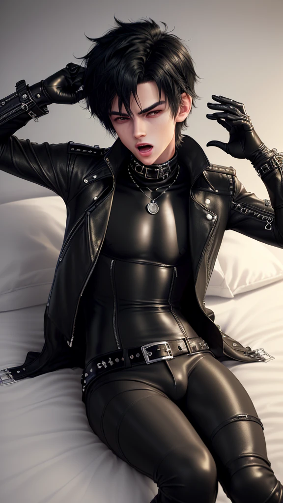 Final fantasy taste and reality graphics, ((Japanese young cute and cool ikemen boy)), his age is early 20s, thin eyebrows and beady eyes, ((he wearing black color leather thick and heavy material jacket)), ((jacket is singlebrest)), ((biker style jacket)), ((jacket is large size)),((with epaulet)), ((jacket is long sleeve)), ((zipped front of the leather jacket)), , ((voluminous leather jacket)), ,((must jacket is high length and stand-up collar)) ((jacket collar with two belts)), ((jacket is a little black color line pattern)), ((also wearing black thick material turtleneck lackluster shirts)), ((tight black leather pants)), ((put black leather tight and thin glove on both hands)), ((black leather knee-high raceup boots)),((must views head-to-toe)),((must views whole body)), ,((Do not show skin from the neck down)),leather jacket leather glove and leather pants have few wrinkles, Avoid showing your innerwear,zip up jacket fastner.must put on a leather glove.
Bous face is expression of ecstasy.
Boy is black hair.boy looks like fashion model.
((Boy is sleeping on the bed)).
