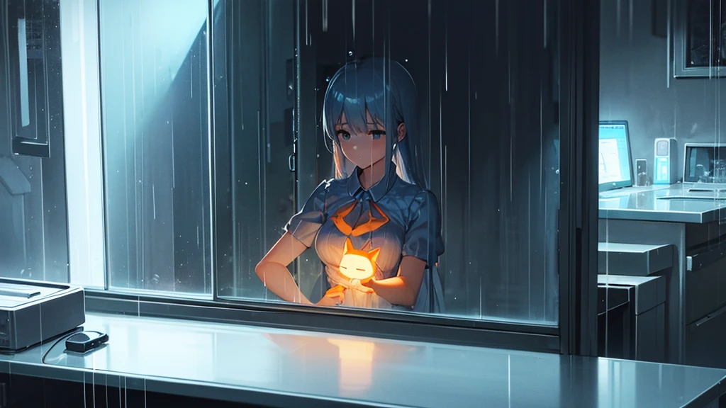 1 beautiful girl, light blue transparent dress, medium breast, orange cat in the window, using computer, music, rain on the window