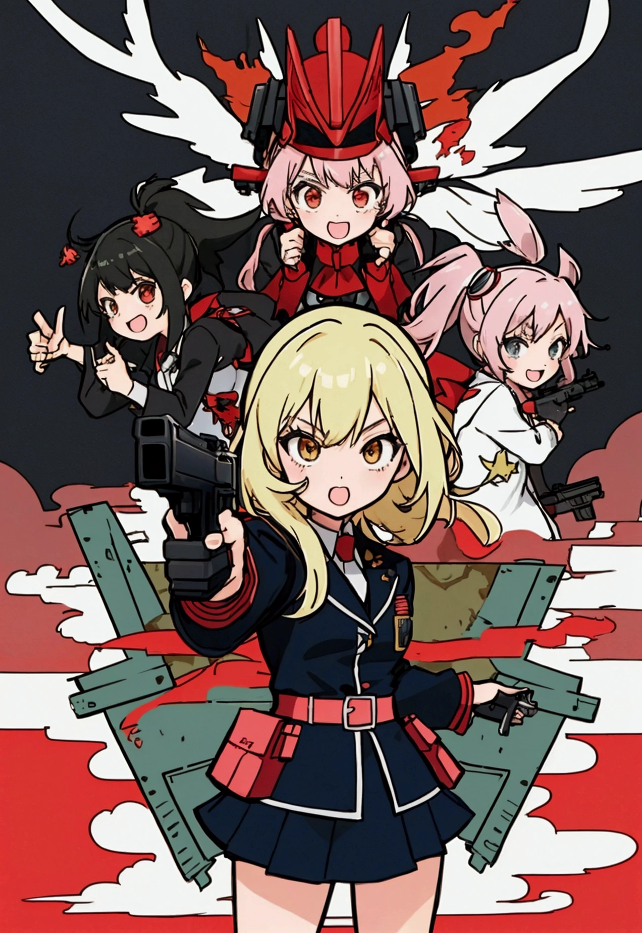 Four women, holding a gun and pointing it at the camera, with pistol, anime shot, anime machine gun fire, with a gun, female action anime girl, gapmoe yandere, shooting pose, holding gun, holding a pistol, four girl, four cute girl, trigger anime artstyle, holding a gun, dramatic wielding gun pose, brandishing a gun, vector style, chibi