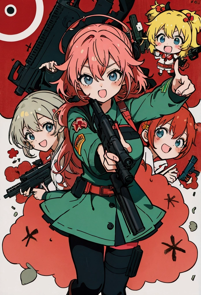 Four women, holding a gun and pointing it at the camera, with pistol, anime shot, anime machine gun fire, with a gun, female action anime girl, gapmoe yandere, shooting pose, holding gun, holding a pistol, four girl, four cute girl, trigger anime artstyle, holding a gun, dramatic wielding gun pose, brandishing a gun, vector style, chibi