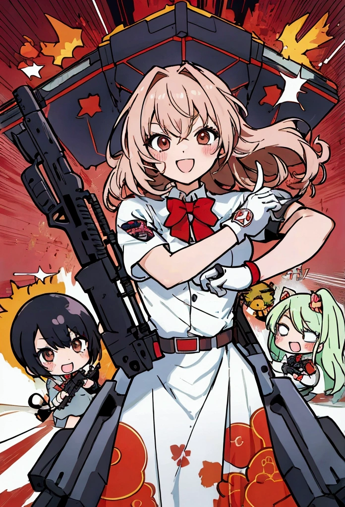 Four women, holding a gun and pointing it at the camera, with pistol, anime shot, anime machine gun fire, with a gun, female action anime girl, gapmoe yandere, shooting pose, holding gun, holding a pistol, four girl, four cute girl, trigger anime artstyle, holding a gun, dramatic wielding gun pose, brandishing a gun, vector style, chibi