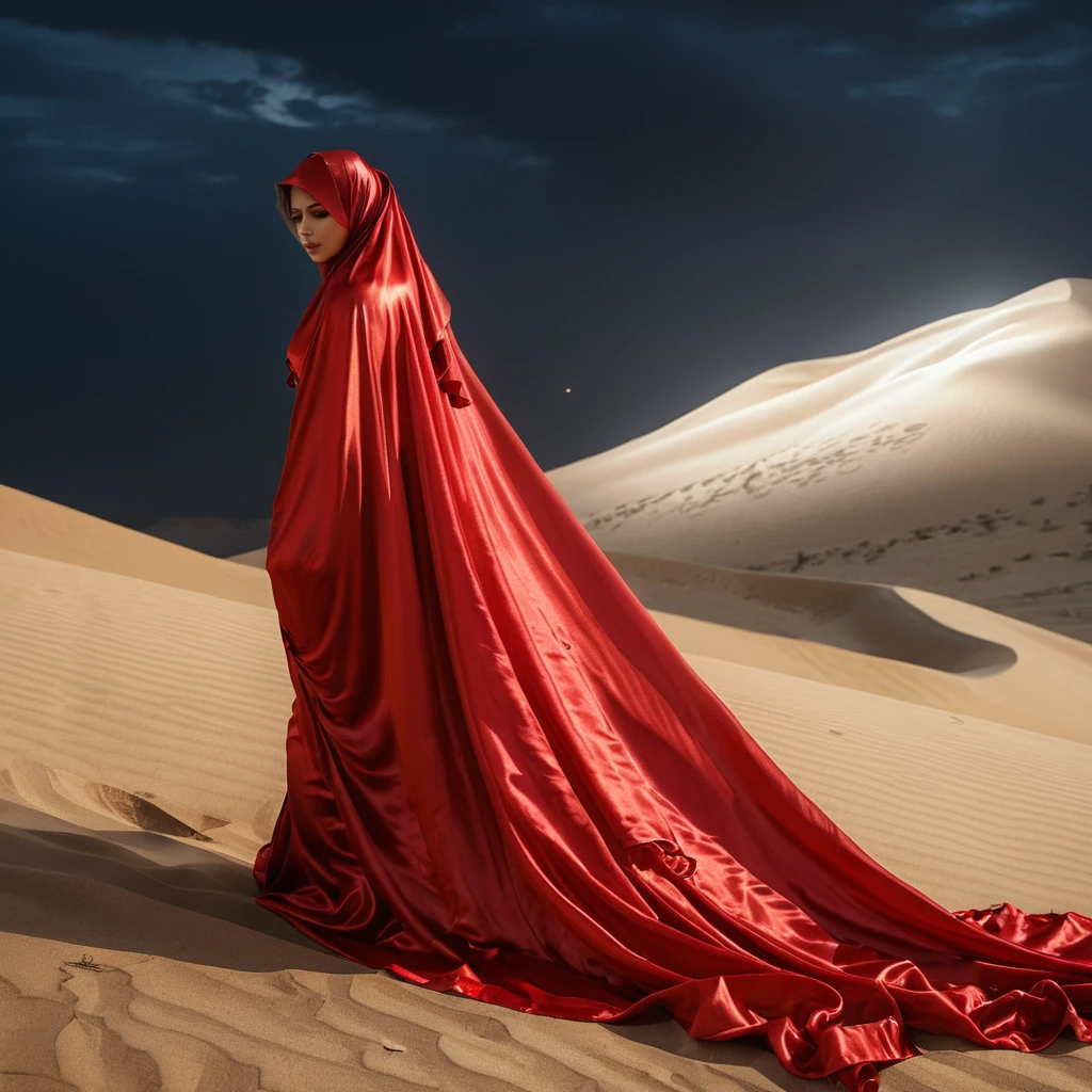 a sexy a woman covered in large red satin cloth, mummified in satin,  very long under gown, tight in leg, a mermaid style gown, wearing a satin hijab, the satin gown is very long, forming the curve of the body,strugle to move,full body,in the desert, masterpice, 4k resolution, ultra-realistic, highly detail.