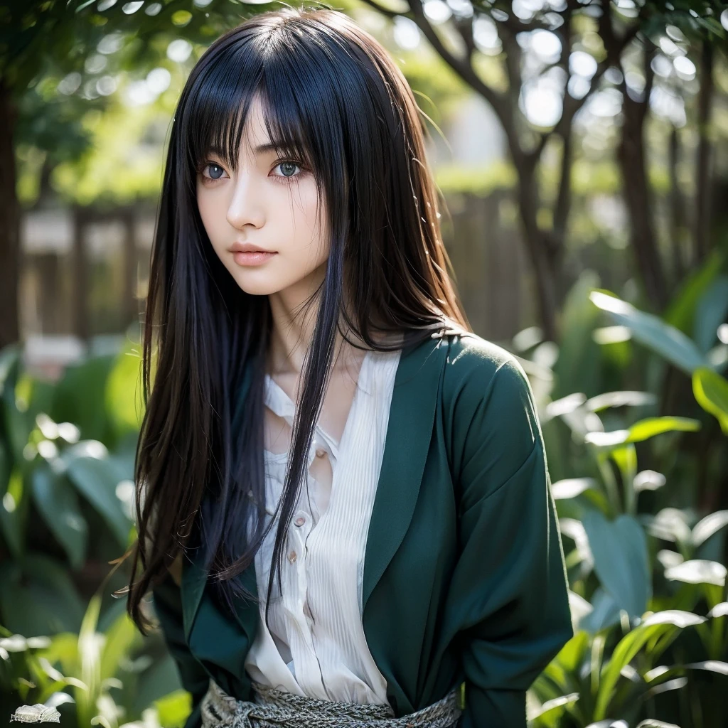 masterpiece, Highest quality, Very detailed, figure，Man with dark hair and eyes，Hollow eyes，Long hair and waist，Straight hair，small，Iris，feminine，Iris，Like Uchiha Mikoto，，Side fringe