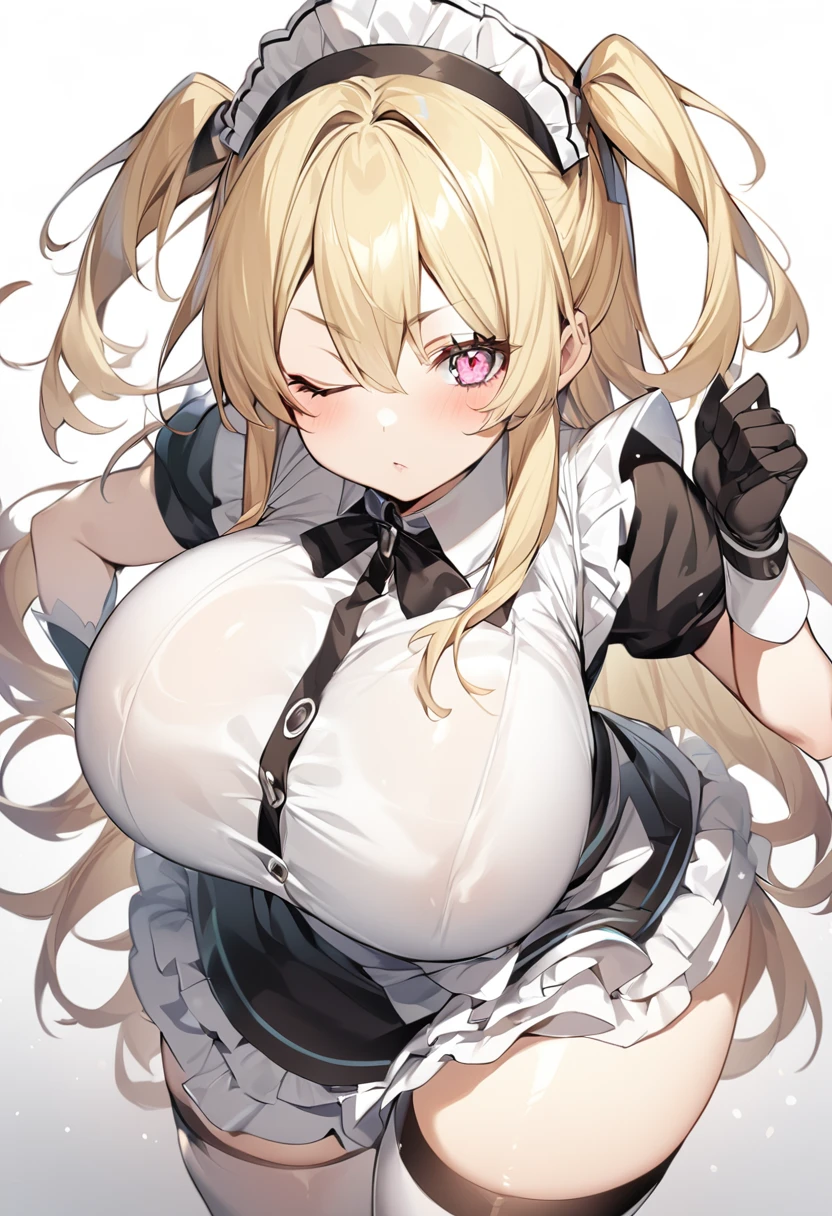 (One girl)、(medium length hair)、(sidelock)、((Blonde))、(slan eyes)、（boyish）、beautiful girl、(Big super breasts)、((Chubby))、Maid、No sleeve、mini skirt、White sleeveless、thigh-high socks thighhighs、(long gloves)、hairs between eyes、(coarse hair)、[flipped hair]、pink eye、expressionless、one eye closed、arm behind back、two side up、White Background、