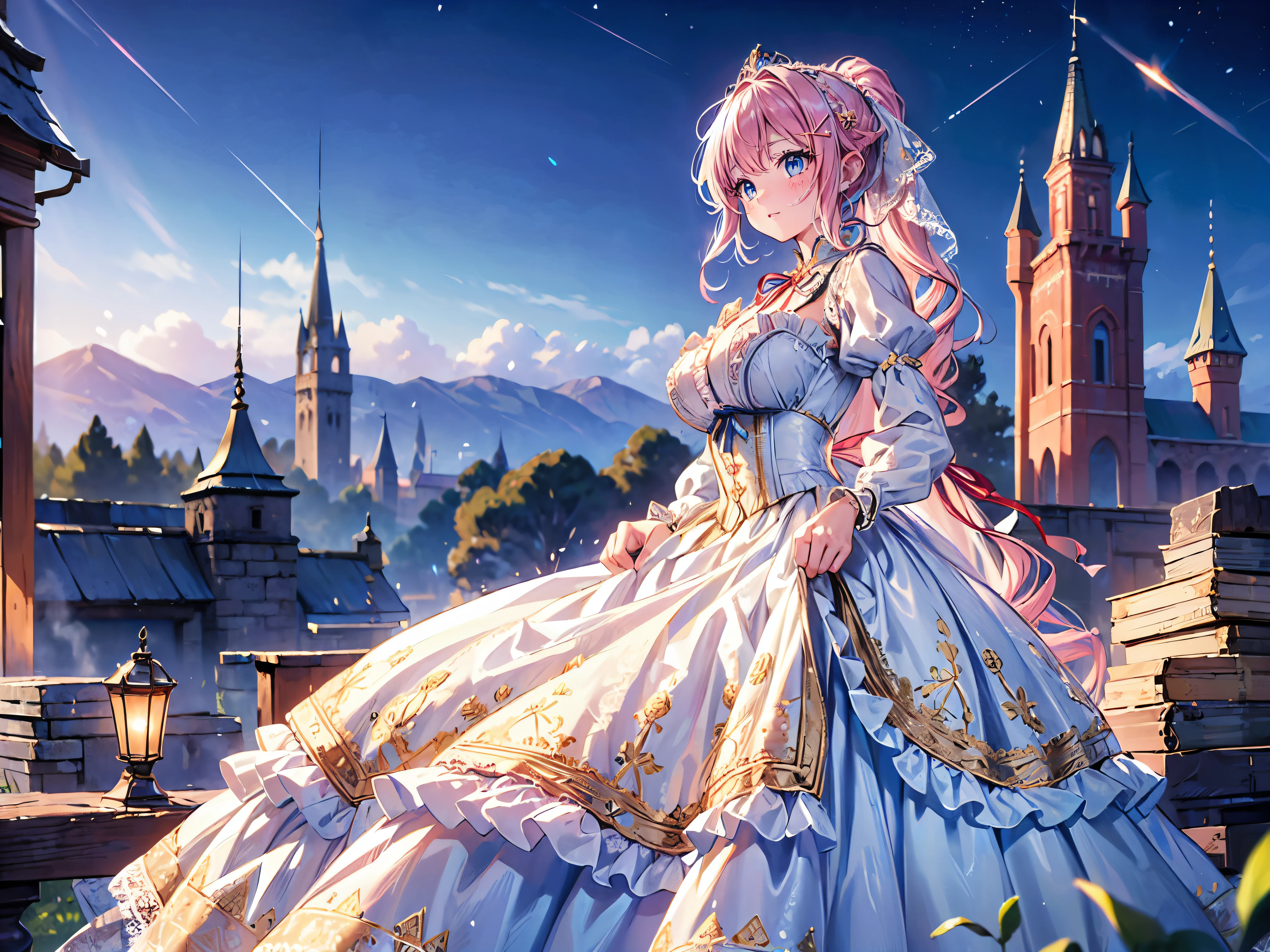 ((Superbly detailed drawing, ultra detailed, exquisite quality, absolutely resolution)), (((young face solo princess))), (((Unsurpassed gorgeous rococo victorian gown with voluminous huge hoopskirt and long hems, princess style skirt:1.5))), ((transparency gown, fluffy and full of pleats skirt:1.3)), (Super detailed and intricate exquisite design gown:1.5), ((overwhelming amount many ruffles with ribbons with intricate lace with Super detailed and intricate embroidery:2)), ((huge breasts, breasts cleavage)), (ponytail, fluffy long Expressive, hair pink hair), super voluminous long hair, hair ornament tiara, happy smile, ((curtsey), (blurry background, depth of field:1.35), super detailed skin, super delicate and beautiful face, (eyes blue eyes), (backlighting, particle effect, caustics), (((sharp focus))), ((fantasy castle, night sky)), (magnificent panorama view, dynamic angle:1.3),