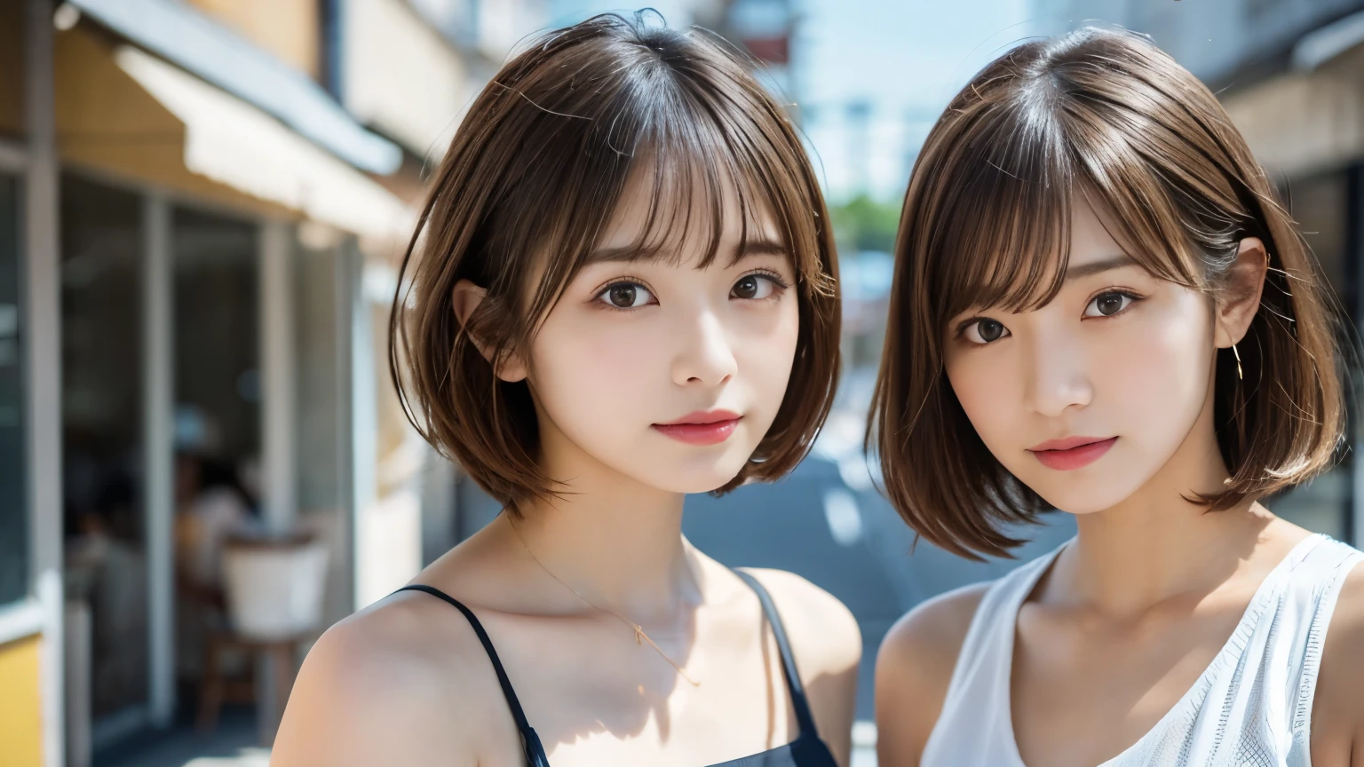 super high quality, short hair, thin, Gravure photo session, The staff is working at the counter in the back.., (8k、RAW Photos、Highest quality、masterpiece:1.2), Japanese Idols, Sportswear, Stylish cafe, (Realistic、Realistic:1.37), Mesh Hair, Normal chest, Urban Cafe, Golden Ratio, RAW Photos, Cute Face , Light brown hair, Bright cafe interior, Blurred Background, Summer clothes, Sweet expression, Observe the audience, Beautiful hairstyle, 20-year-old, Hair blowing in the wind, Dress neatly, 

