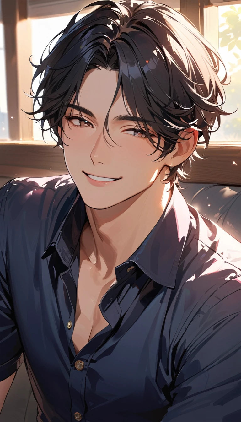 super detail, best quality, A handsome man, black hair, short hair, light smile, happy