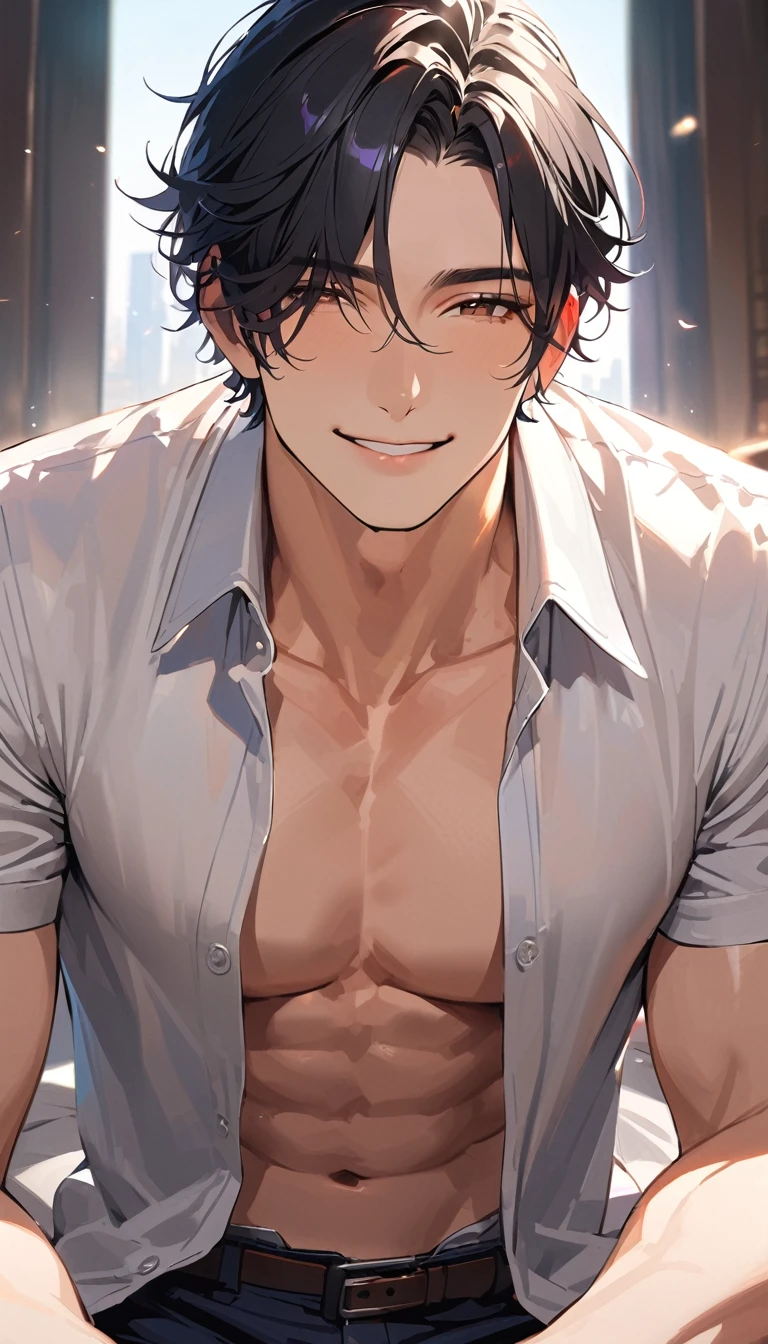 super detail, best quality, A handsome man, black hair, short hair, light smile, happy