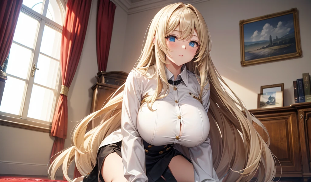 Adult woman with long blond hair and huge breasts,White open collar long sleeve shirt,briefs,thigh,kneel,Room