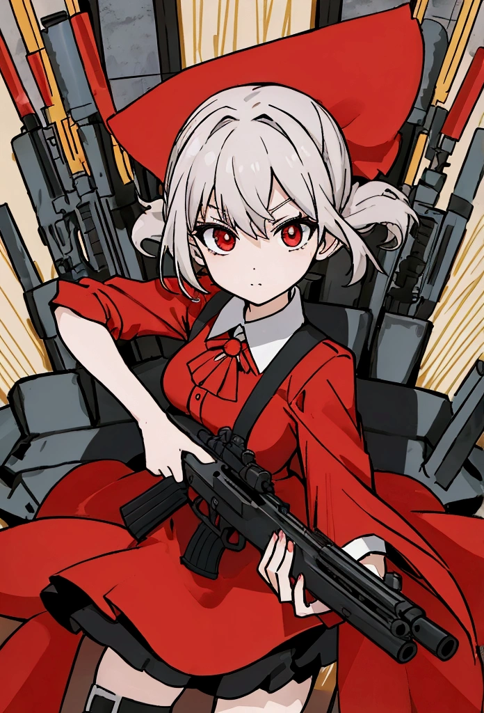 A woman with red dress holding a gun and pointing it at the camera, with pistol, anime shot, anime machine gun fire, with a gun, female action anime girl, gapmoe yandere, shooting pose, holding gun, holding a pistol, trigger anime artstyle, holding a gun, dramatic wielding gun pose, brandishing a gun, vector style, chibi