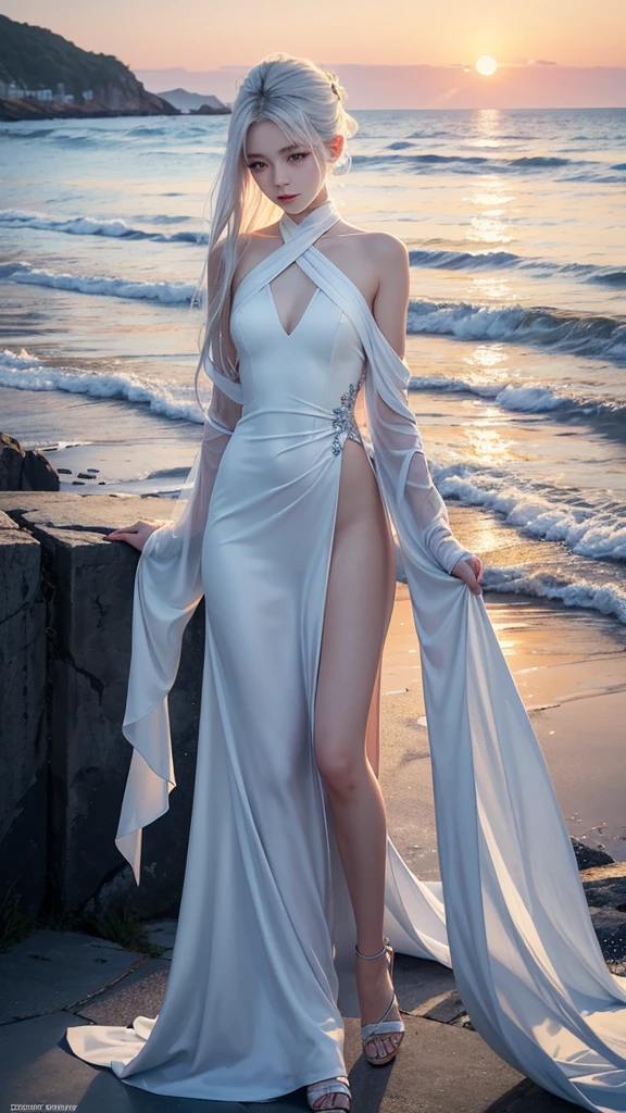 "最high quality, Like a photograph,high quality, 8k resolution",Beautiful 19 year old girl,Very elegant and futuristic fashion,The girl sways beautifully in the sea breeze、Should have elegant white hair,Sad look,Ocean view，evening，Sunset