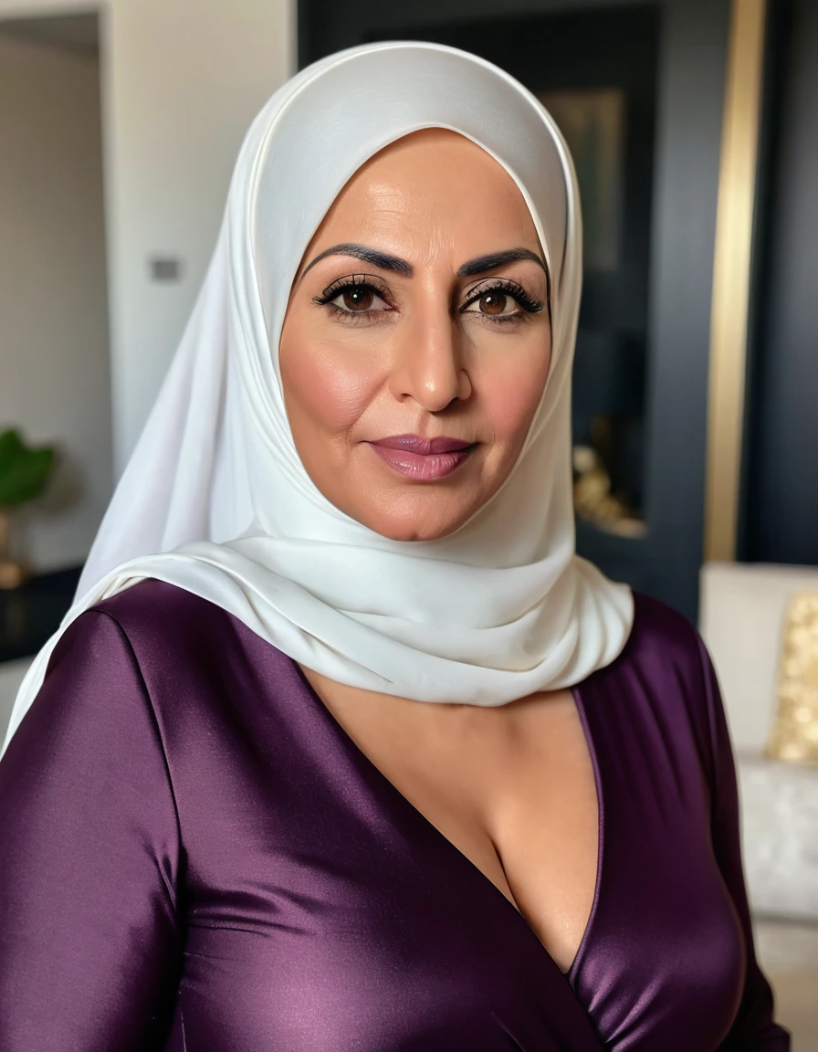 Fair and beautiful ,stunning ,curvy 45 year old mature Arab Muslim woman wearing a hijab and dark plum abaya frock tight form fitting showing deep cleavage big breas,ts low neckline in depth of field apartment interior background , medium close up shot , shot on iphone 13 , professional photo , no makeup
