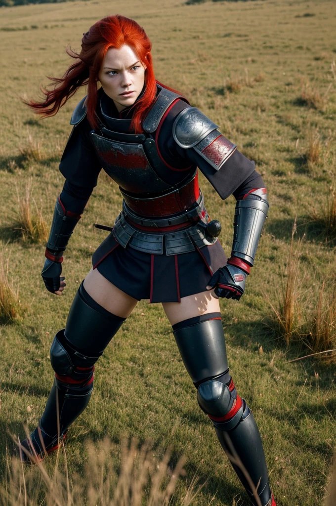 (Lancer)(Female)(Long red hair)(Dark blue eyes)(Red samurai armor)(Wear a long-sleeved shirt)(Shorts)(Black stockings)(Leg armor)(Fight Monster Large)(in the grass)