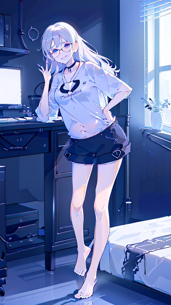 (bedroom, A desk full of computers, 푹신한 chair, hacker:1.5), chair, (chair에 앉아 있는:1.5), window, (morning, sunlight:1.5), (Beautiful shades:1.5), (dynamic angle:1.5), [ 4k digital art ]!!,(big bust, prominent cleavage:1.5), (Black eyes with a slight purple tint:1.5), (a devastated expression, dead eyes, dark atmosphere:1.5), (white hair, long hair, weak perm:1.5), (oversized shirt, hot pants, :1.5), (bare foot, round-rimmed glasses:1.5), (Aegyo belly fat, Folded belly:1.5), (smiling faintly:1.5),(thin legs, thin:1.5)