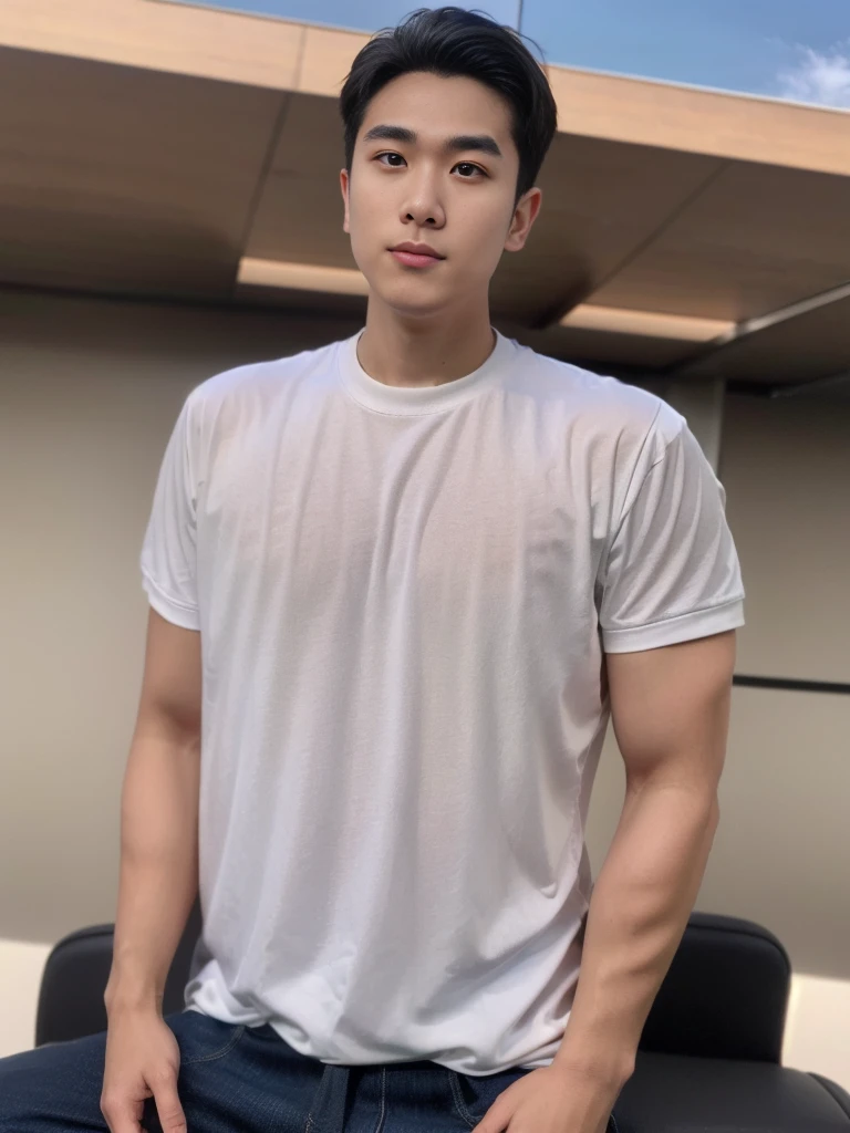 NSFW : 独奏: 1.5, (As a matter of fact, Masterpiece, 8k HD, good light quality, sportswear, fit the face, complicated details), A handsome, muscular young Korean man sits at a table, with muscular arms. , 20 years old, be happy, detailed face, delicate eyes, look at the sky, Wear a tight blue t-shirt.:1.6 , jeans period, black eyes, Black hair color, ผมsmooth, smooth，Surreal，Superb details，Highest quality，real，Open your mouth to talk. , Close your eyes., (standing in the football field:1.1)