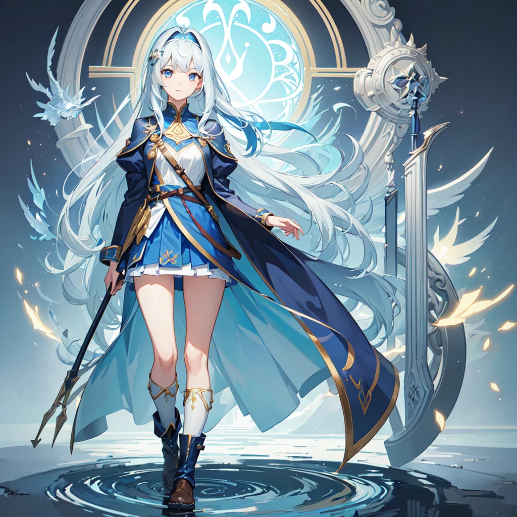 (Front facing,Standing,Delicate facial expression,1 person:1.6), (anime,8k,masterpiece, Highest quality, Highest quality,beautifully,aesthetic:1.2,Professional illustrations:1.2,Super detailed:1.3), Very detailed, Most detailed, Brilliant, High resolution, Super detaileded, (girl), Very exquisite beautiful face and eyes, Emphasize the chest,A wizard-style tunic in blue and white.,A blue mini skirt following the jacket,tights,head band,Wristband,boots,breastplate
