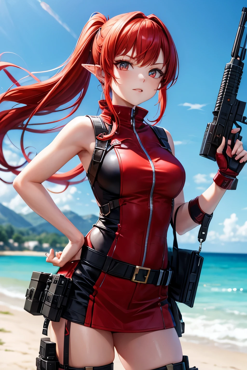 Red hair, girl, pointed ears, shooter, submachine gun