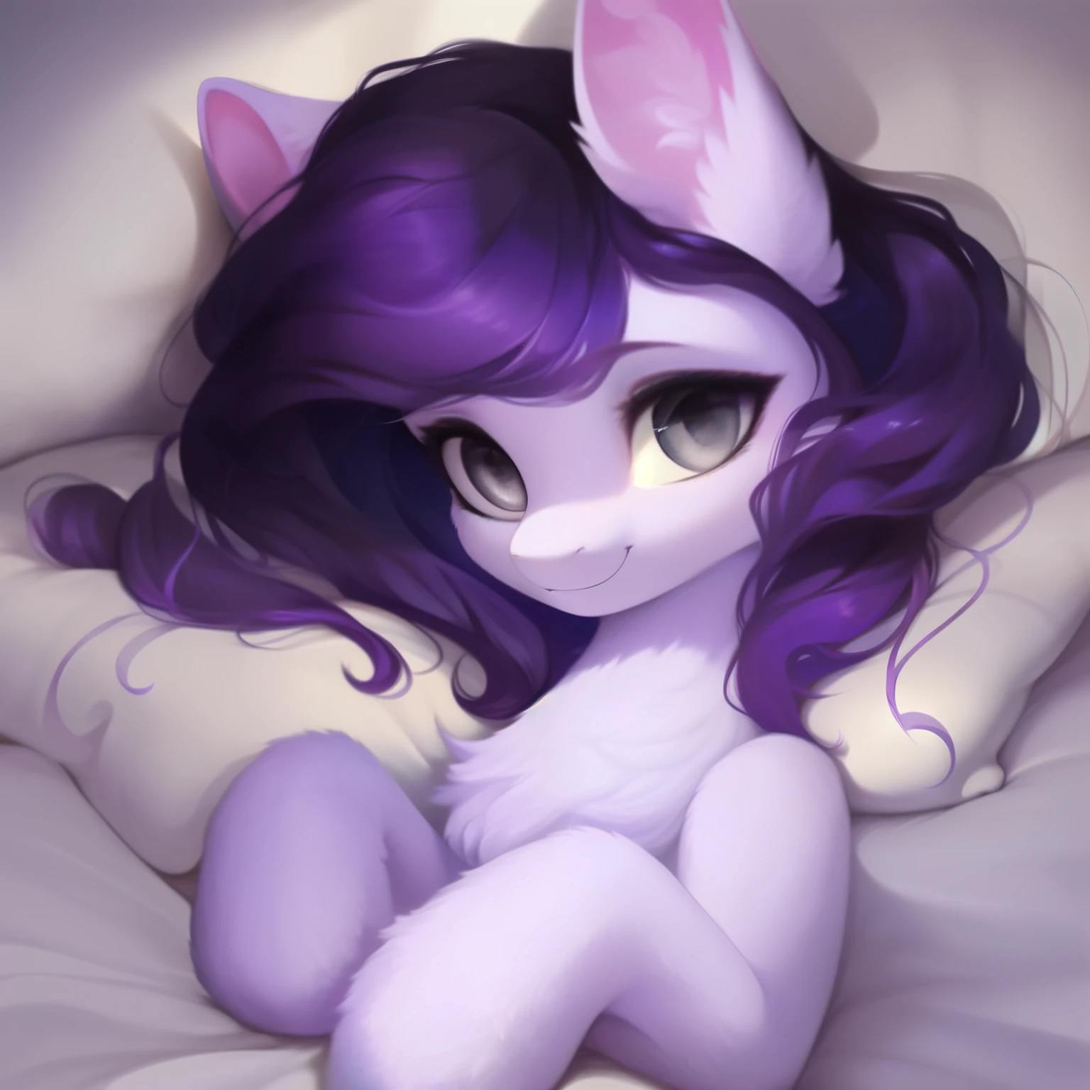 rating_safe, score_9, fluffy, feral pegasus pony, female,round cute face， Lavender purple body, black-purple mane, disheveled hair, soft and delicate long hair, clear grey eyes, grey eyes, smiling. dynamic。young and beautiful。Lying in bed，White bed，High and cold