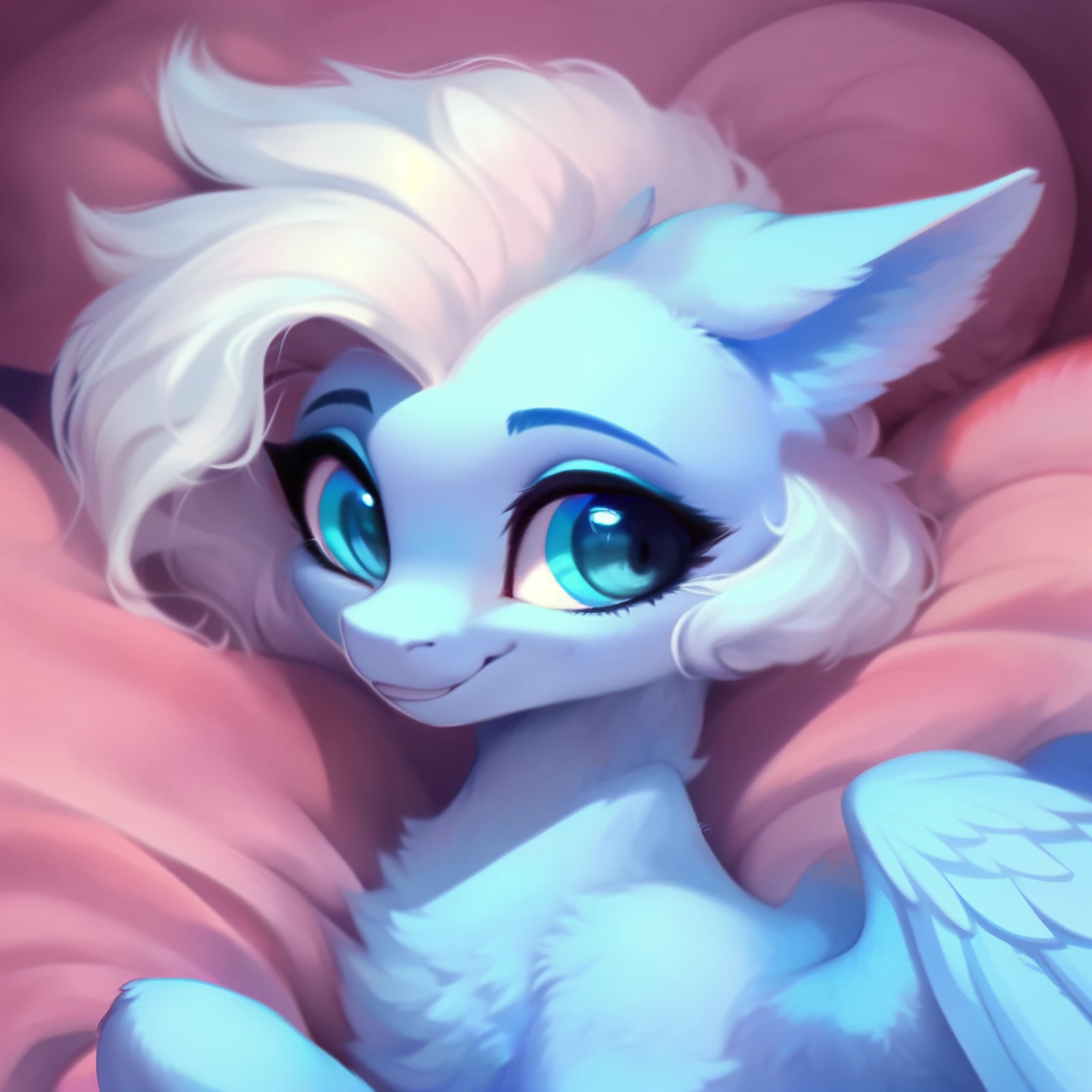 rating_safe, score_9, fluffy, feral pegasus pony,Bad，round cute face,very (((lightblue  body))), (((white short hair))) Smooth and fine semi-long bristles，Gentle and clear light blue eyes，Gentle smile。Soft tones.Lying in bed，White bed