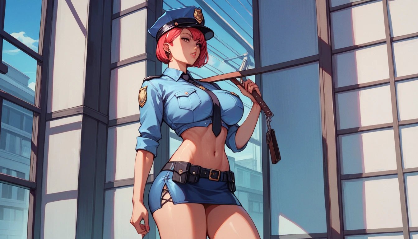 （((Humiliation Game))),Anime Style,Girl,policewoman,mini skirt,short hair,Large Breasts,Small waist,Big Ass,tall,