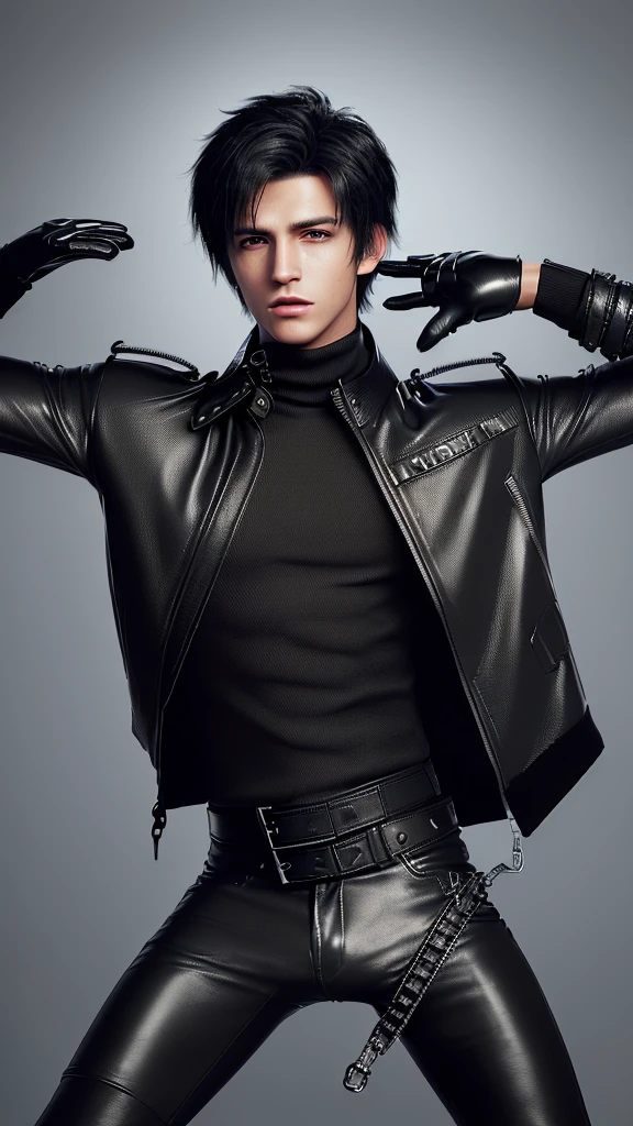 Final fantasy taste and reality graphics, ((Japanese young cute and cool ikemen  boy)), his age is early 20s, thin eyebrows and beady eyes,  ((he wearing black color leather  thick and heavy material jacket)), ((jacket is singlebrest)), ((biker style jacket)), ((jacket is large size)),((with epaulet)), ((jacket is long sleeve)), ((zipped front of the leather jacket)), , ((voluminous leather jacket)), ,((must jacket is high length and stand-up collar)) ((jacket collar with two belts)), ((jacket is a little black color line pattern)), ((also wearing black thick material turtleneck lackluster shirts)),  ((tight black leather pants)),  ((put black leather tight and thin glove on both hands)), ((black leather knee-high raceup boots)),((must views  head-to-toe)),((must views whole body)), ,((Do not show skin from the neck down)),leather jacket leather glove and leather pants have few wrinkles, Avoid showing your innerwear,zip up jacket fastner.must put on a leather glove.
Bous face is expression of ecstasy.
Boy is black hair.boy looks like fashion model.
